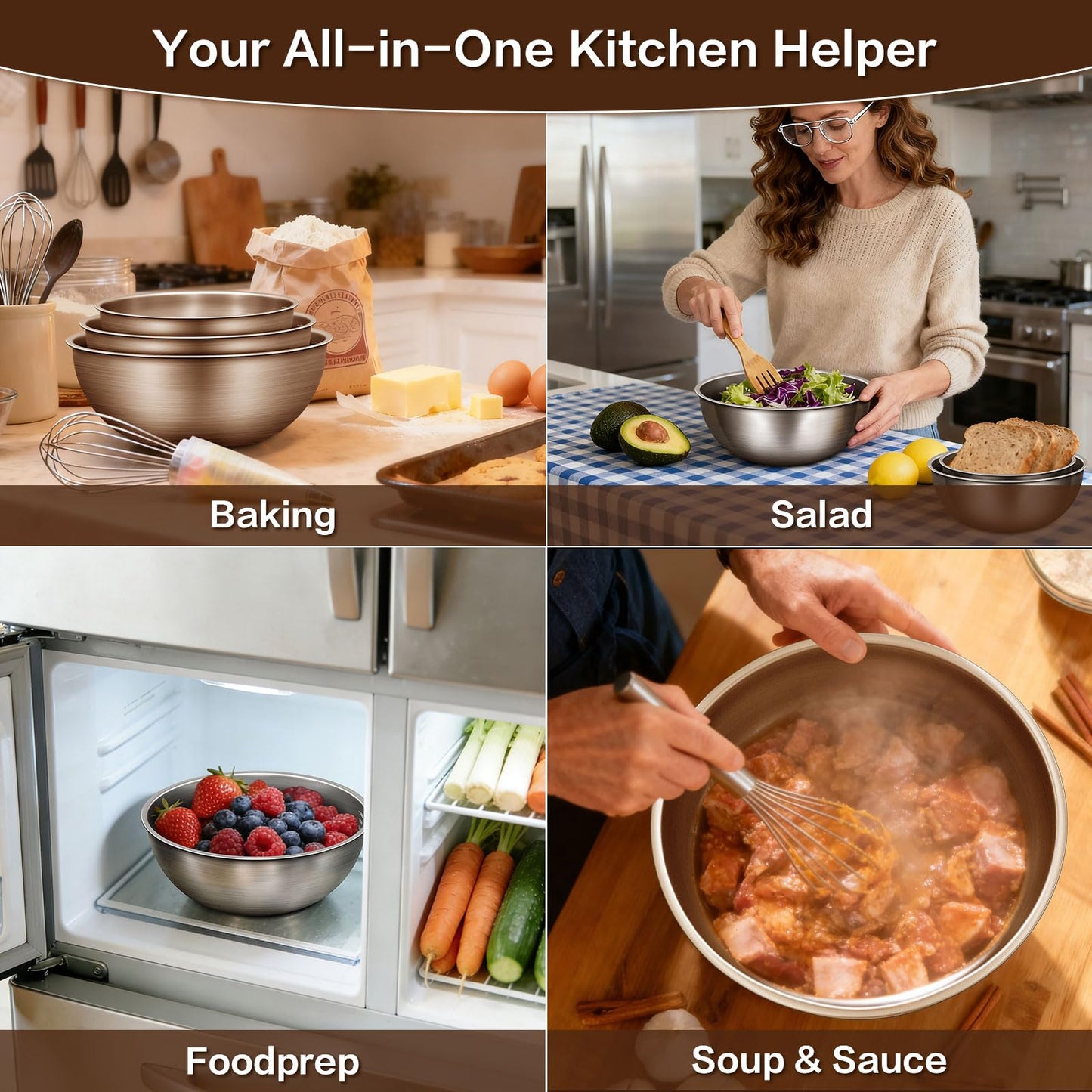 Gronivex Stainless Steel Mixing Bowls Set, Food Grade 304, Dishwasher Safe & Stackable for Baking, Tossing Salads, and Meal Prep for Your Kitchen (3 pack-1.45,2.22,3.38qt, no lid)