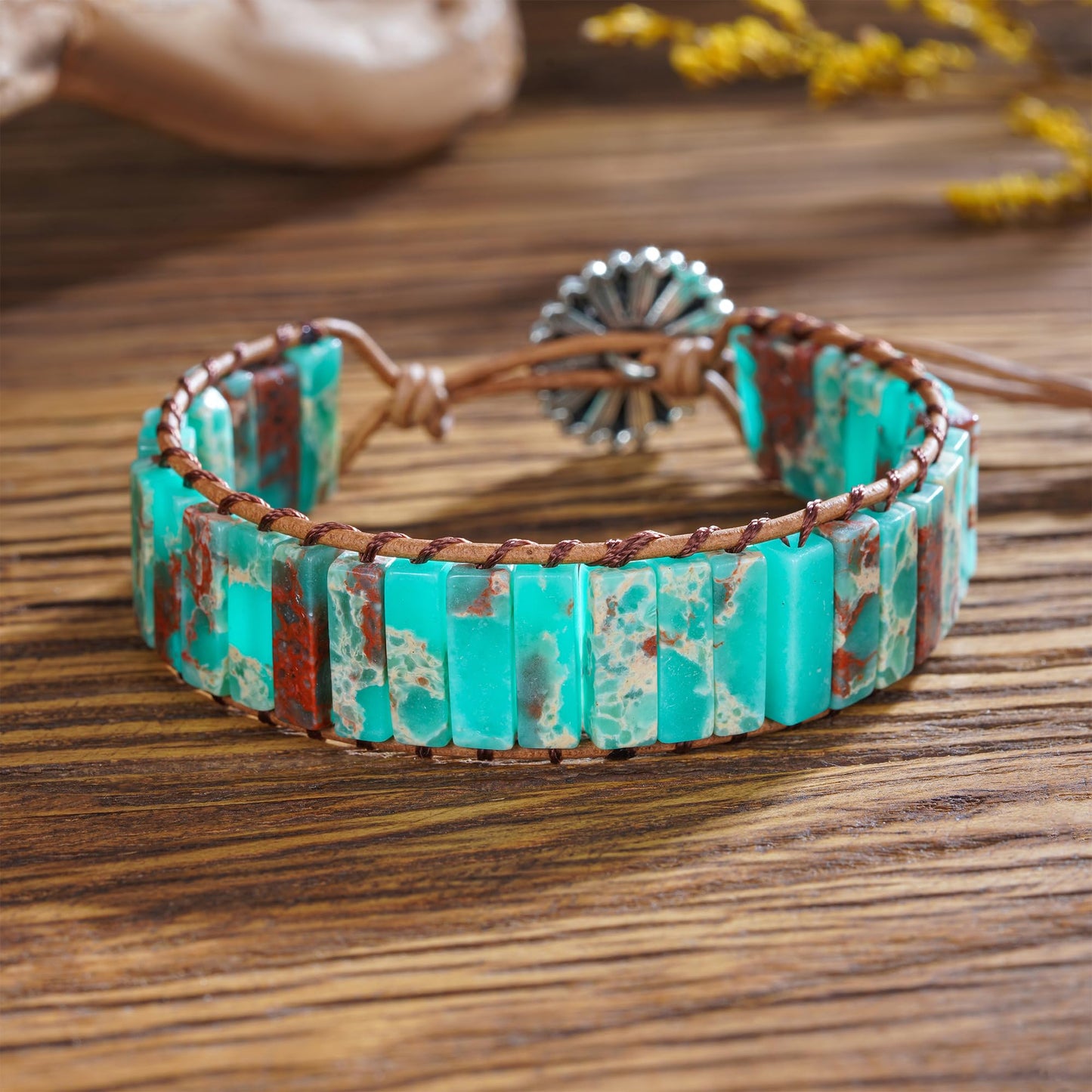 Plumiss Boho Blue Agalmatolite Beaded Wrap Leather Bracelet Jewelry
