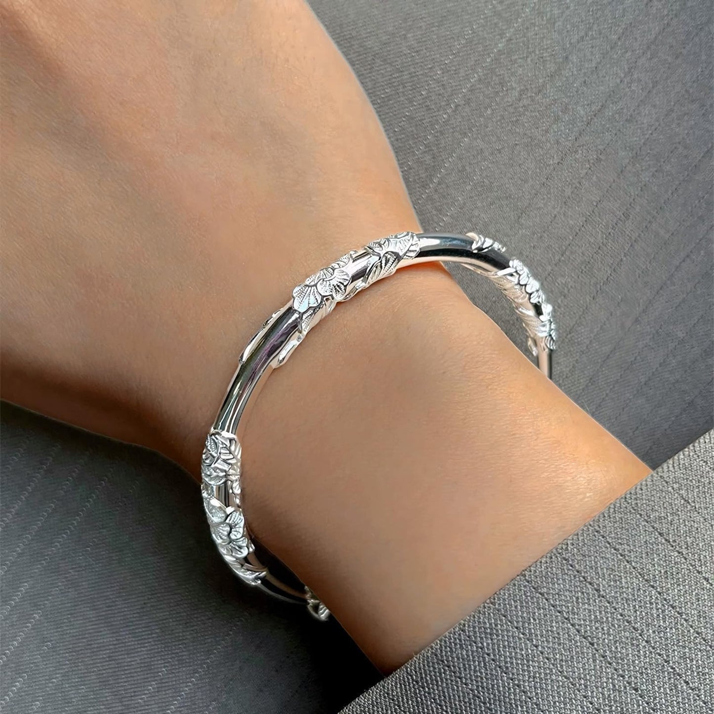 Solid 925 Sterling Silver Bracelet for Women Minimalist Adjustable Cuff Bangles Fashion Stackable Handmade Floral Engrave Bracelets Trendy Boho Cuff Bracelet Jewelry Gift for Birthday Women's Day