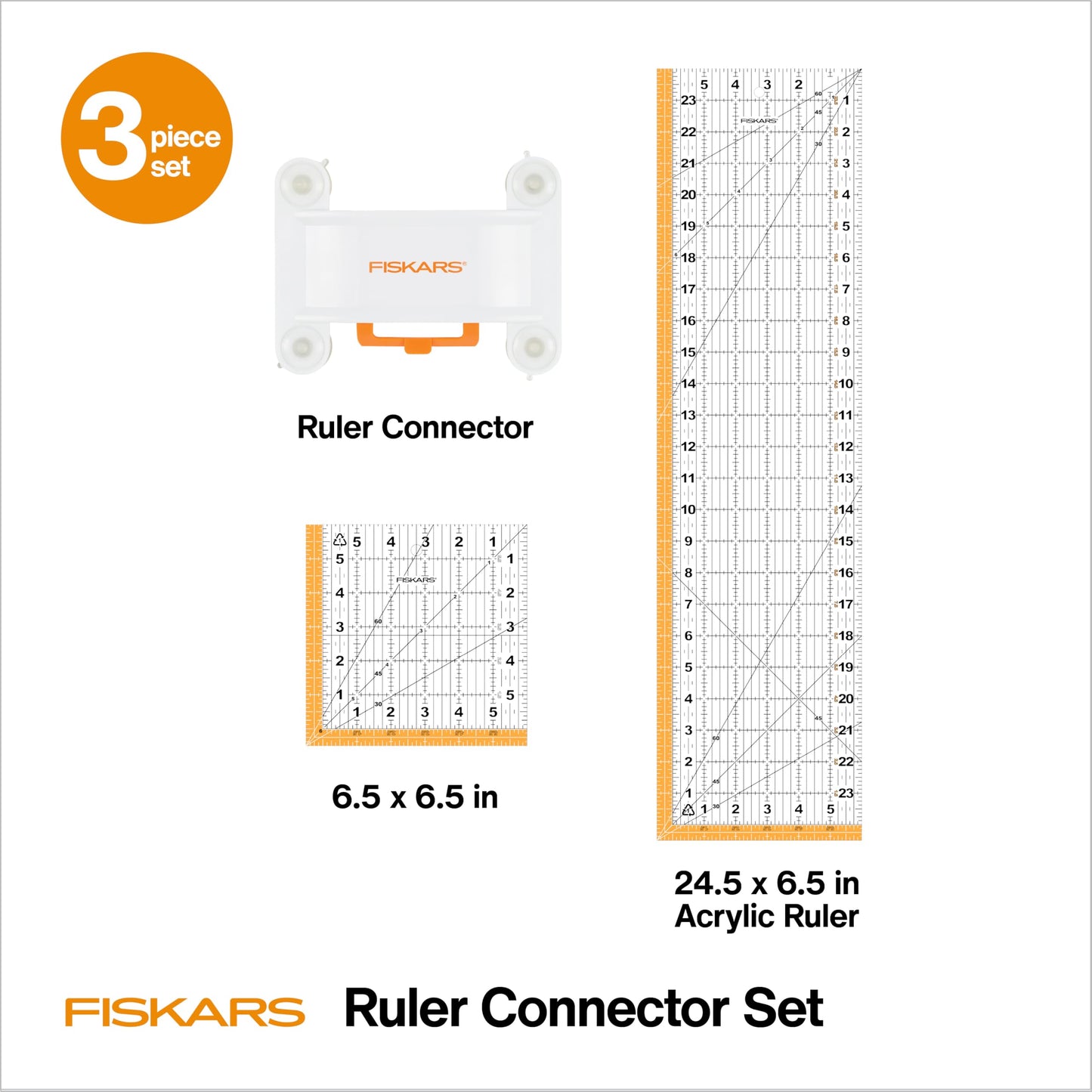 Fiskars 3-Piece Ruler & Connector Set, 6.5"x6.5" and 6.5"x24.5" Rulers, Precision Measuring Tool for Arts & Crafts, Easy Alignment & Cutting