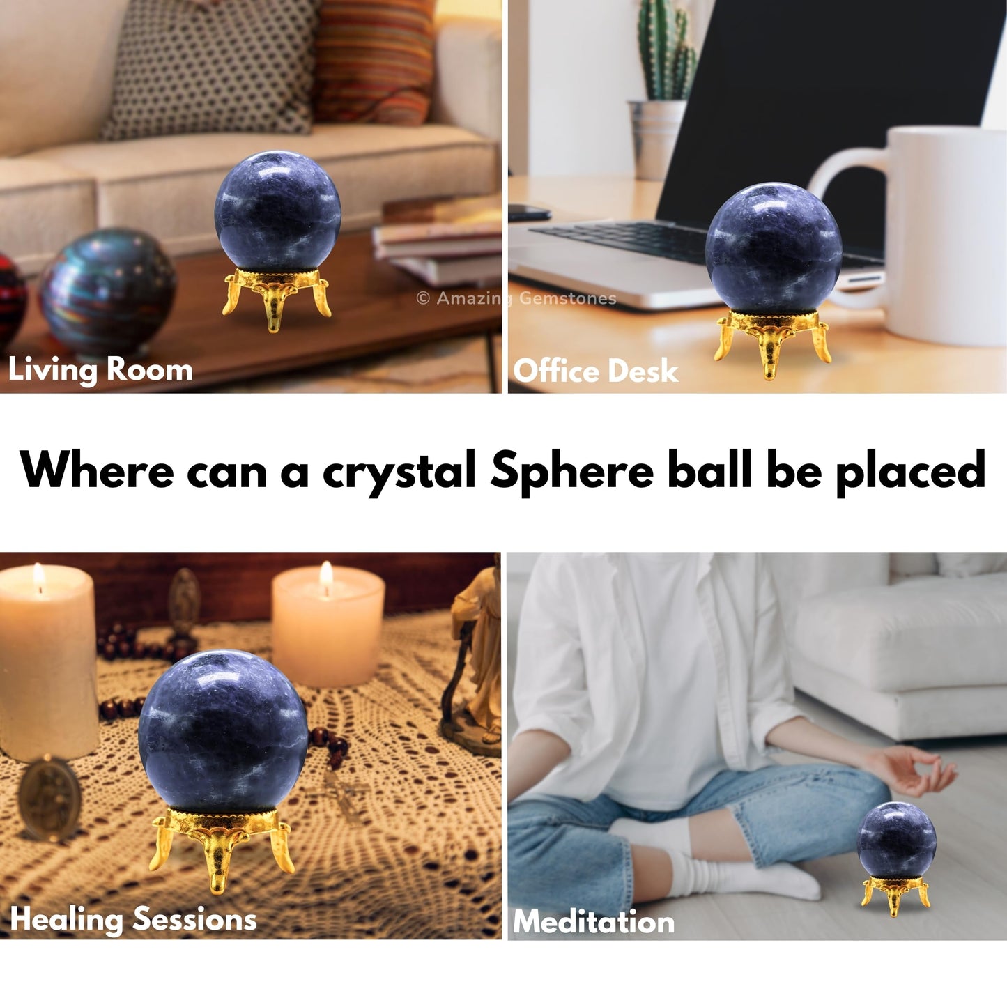 Amazing Gemstone Iolite Crystal Ball with Stand - 2 Inches Crystal Sphere Meditation Balls for Witchcraft and Decorative Balls