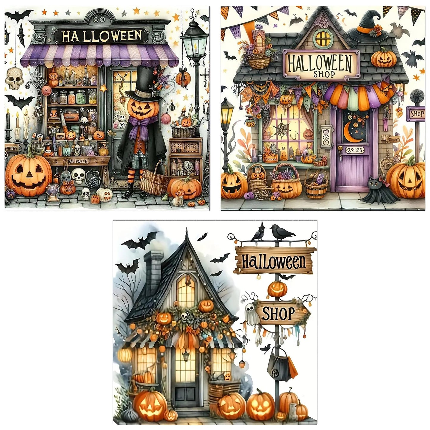3 Pack Diamond Art Kits for Adults, Halloween Pumpkin Bat Shop Diamond Painting Kits for Adults, 5D DIY Round Full Drill Gem Art Paint With Diamonds Dots Crafts Kits for Home Decor Gift 14x14inch