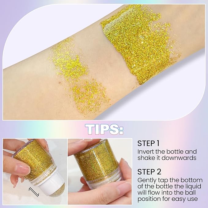Erinde Holographic Body Glitter Gel, Roll-On Face Hair Glitter for Mermaid Makeup Festival Party Rave Accessories, Chunky Sequins Chameleon Shimmer Christmas Makeup for Women Girls, 02 Sparkling Pink