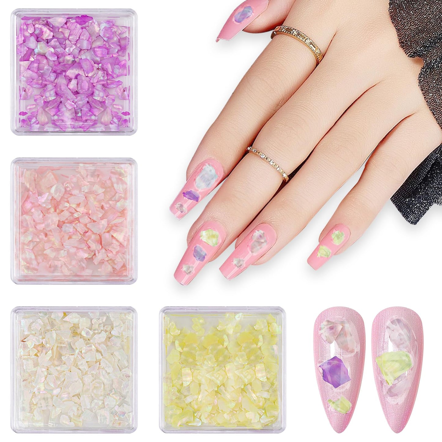 4 Boxes Abalone Seashell Nail Art Sequins, 3D Aurora Seashell Slices for Nails, Irregular Mermaid Shell Nail Glitter Flakes for Women Manicure Decoration DIY Crafts Nails Art Designs