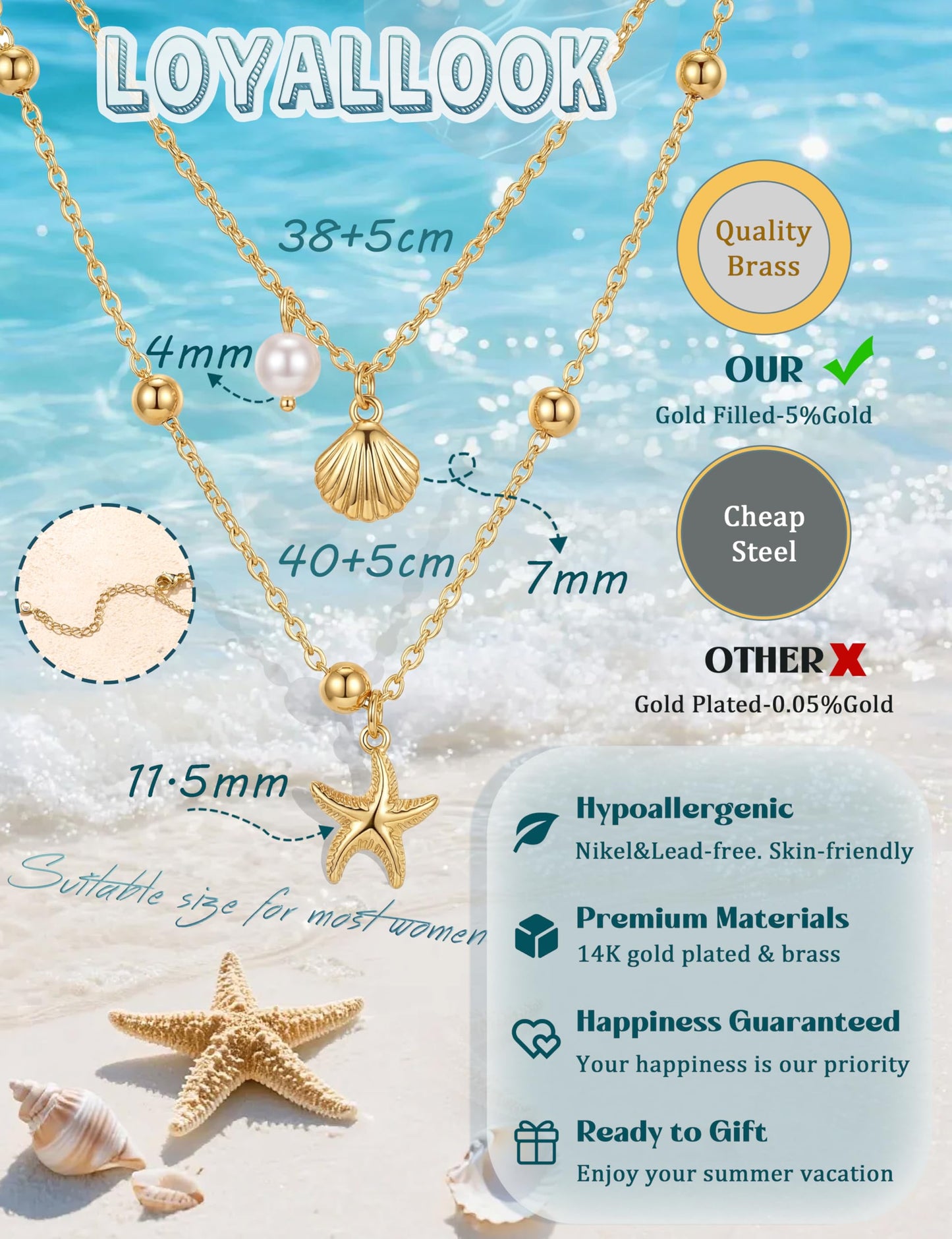 LOYALLOOK Shell Starfish Necklace for Women, 14k Gold Plated Dainty Layered SeaShell Starfish Charm Necklace Stack, Non Tarnish Waterproof Gold Beach Accessories for Summer Vacation ZZ