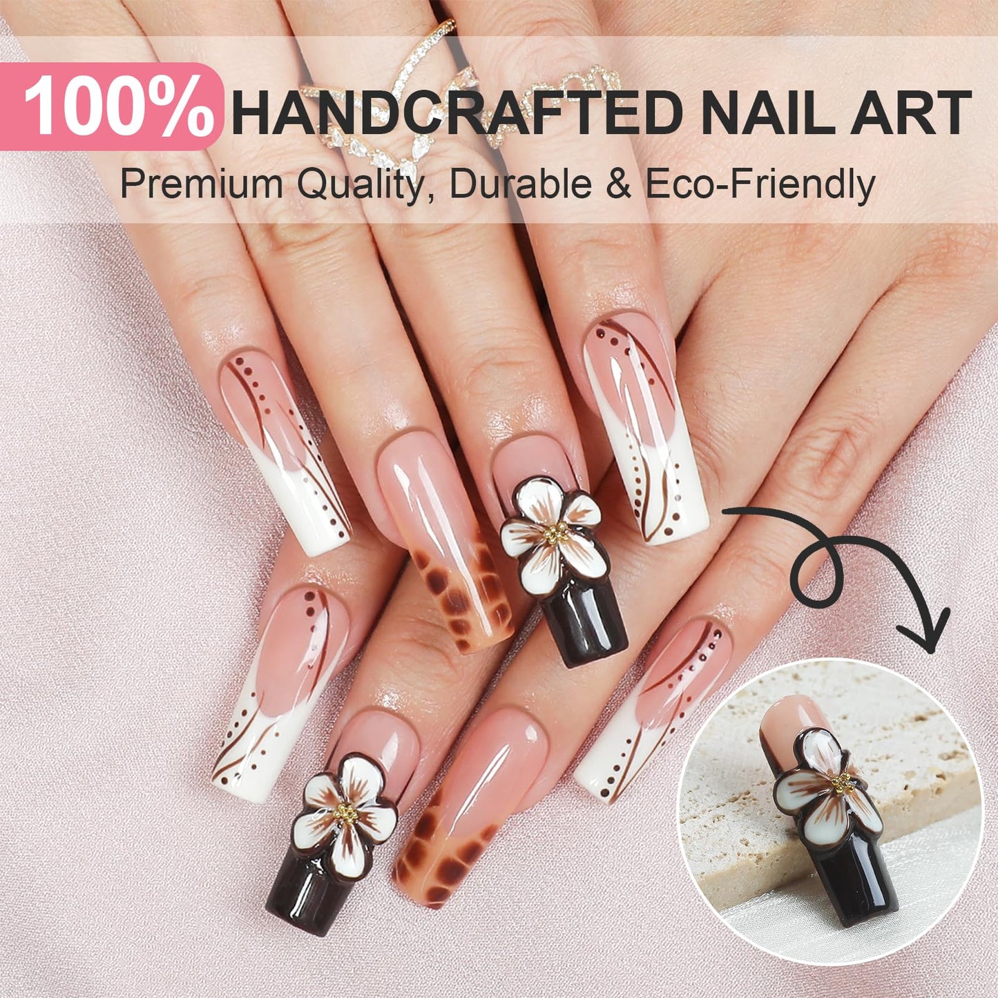 XGV Handmade Long Square Press on Nails, Handmade Art Fake Nail with Gradient Carving Flower, 3D Press on Nails for Party Wedding Salon