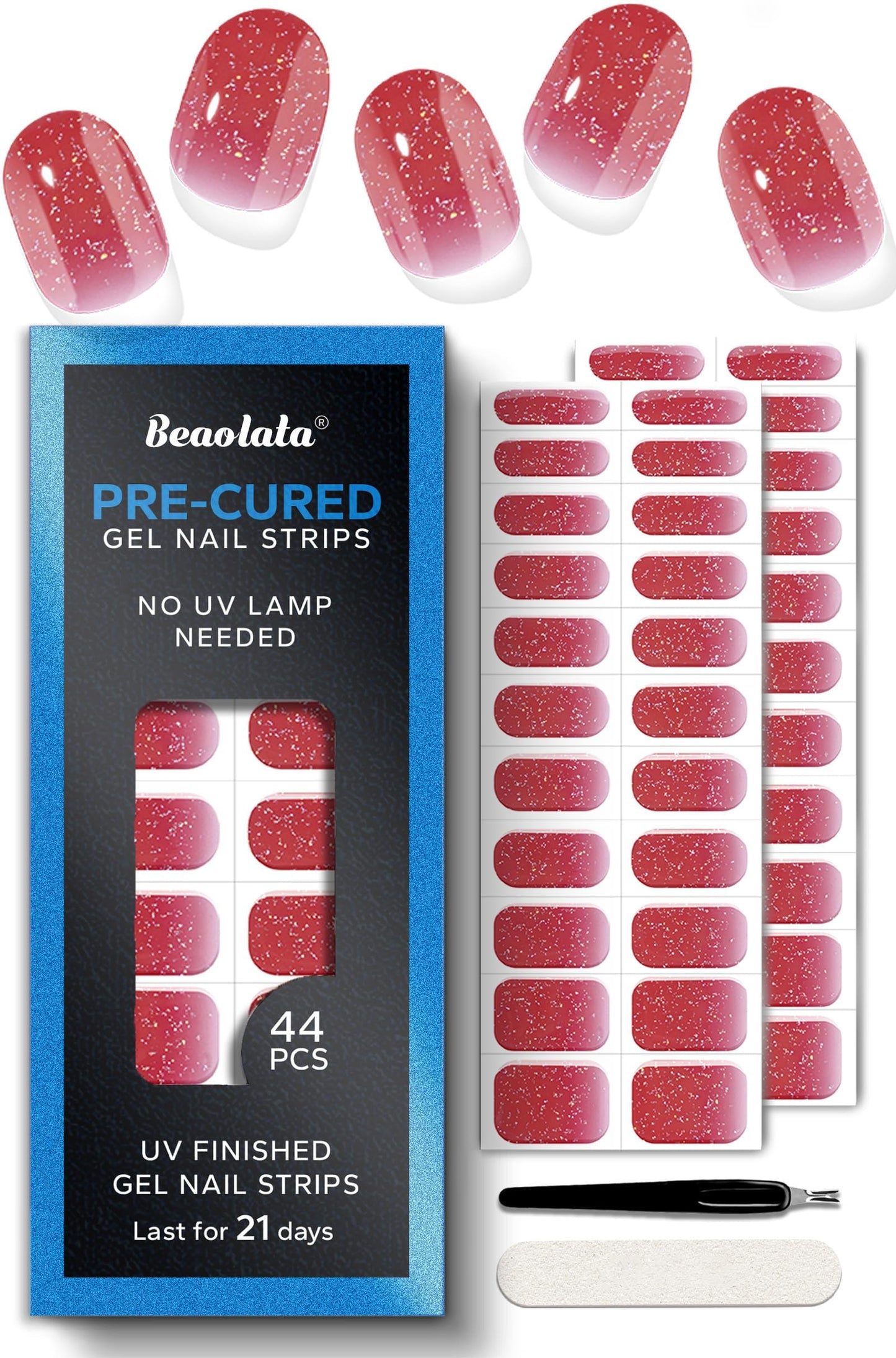 Beaolata Real Gel Nail Strips (No UV Light Needed) - 44Pcs Salon Quality Nail Stickers - Long Lasting Polish Wraps for Women, Easy Apply & Remove (Pink Glimmer Pop)