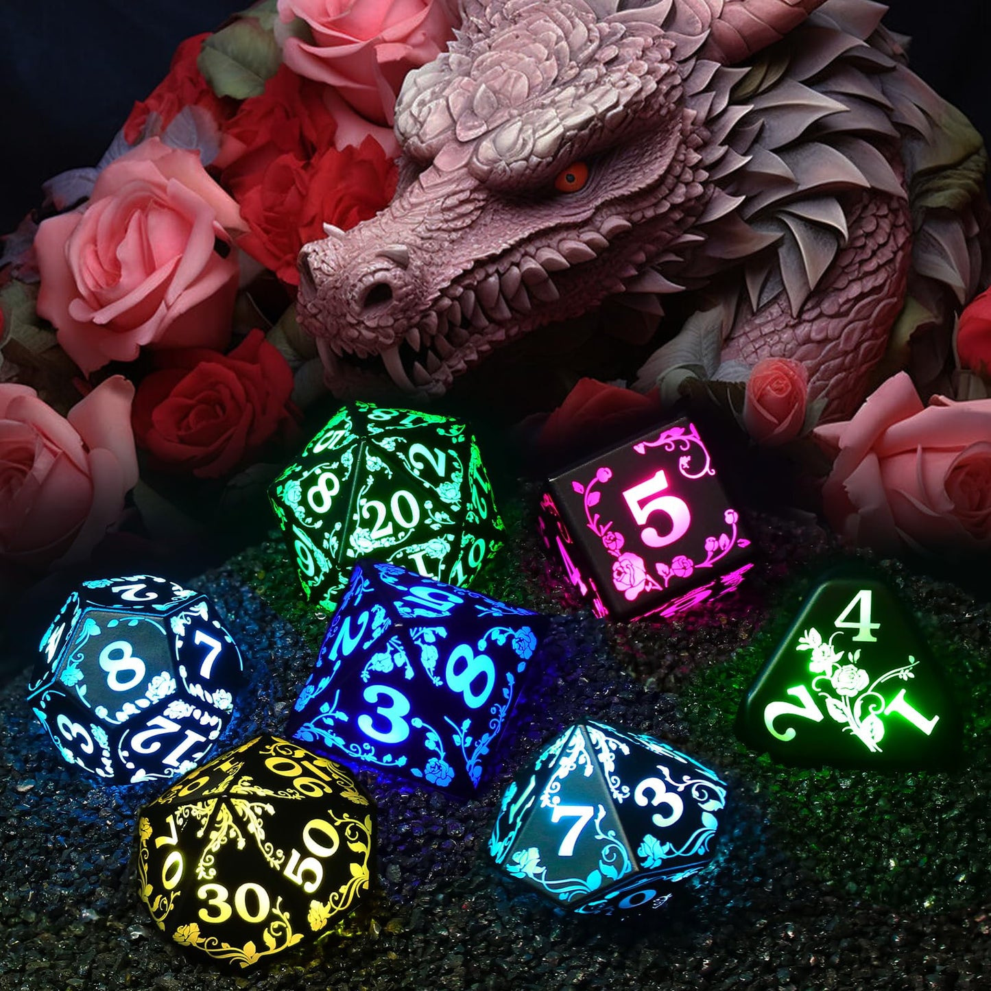 FONVGOGO Light up LED Dice Set D and D Rechargeable for Dungeons and Dragons RGB DND Dice with Charging Box 7-Color Polyhedral Role Playing Dice for DND Gifts RPG Tabletop Games (Rose RGB)