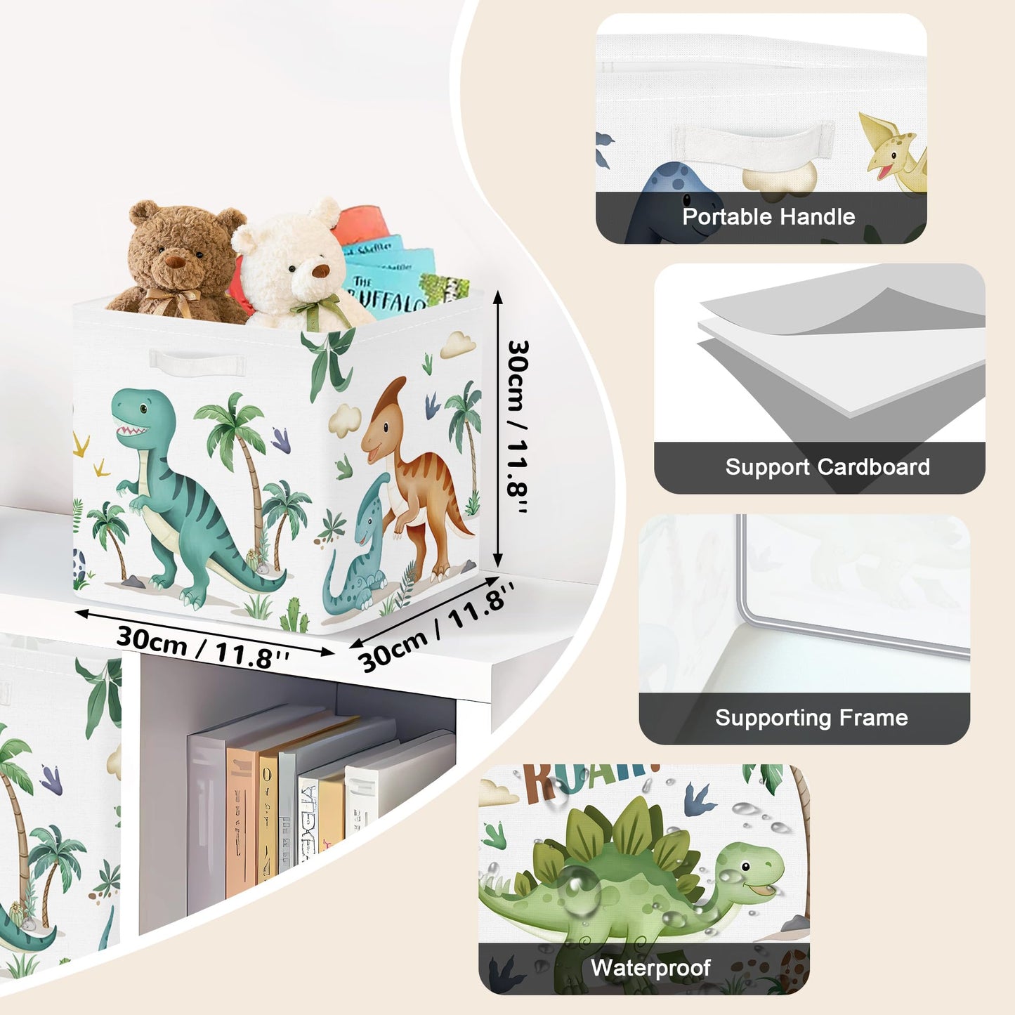 Clastyle 3 Pack 11.8'' Fabric Dinosaur Storage Basket for Shelves Collapsible Closet Organizers with Metal Frame Bottom Board Large Kid Clothes Toy Book Cube Bin for Playroom Bedroom,Boho