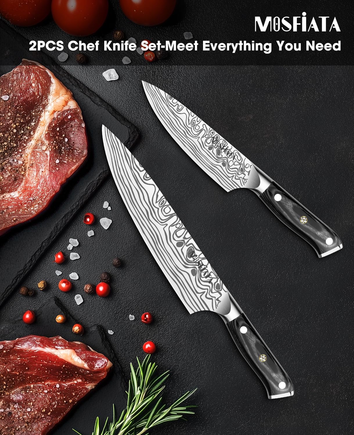 MOSFiATA 2Pcs Chef Knife Set, Sharp Kitchen Knife High Carbon German EN1.4116 Stainless Steel Cooking Knife, 9"&6" Chopping Knife Kitchen Knives Set with Ergonomic Handle, Gift Box