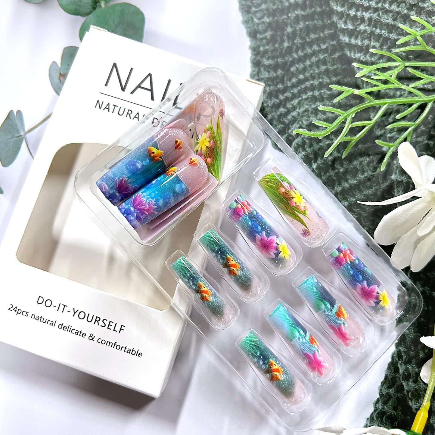 LOPMNGHT Flower Press on Nails Long Square Artificial Acrylic Fingernails Blue Ocean with Clown Fish Starfish Pattern Design Glossy Stick on Nail Full Cover Coffin Artificial Nails for Women 24Pcs
