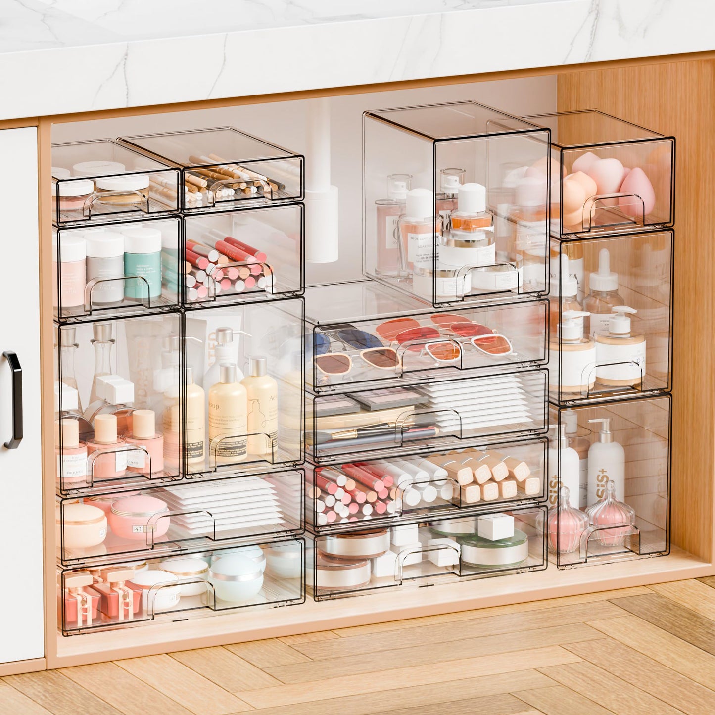 Yieach 2 Pack Clear Stackable Storage Drawers,4.4'' Tall Acrylic Drawer Containers for Organizing,Bathroom Organizers and Storage Bin Box,Plastic Makeup,Medicine Organizer Bins for Cabinet,Undersink