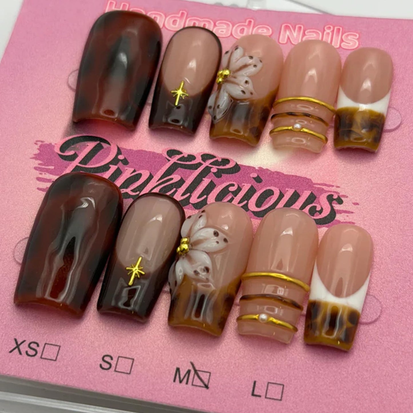 Press On Nails 10-Pack | 25mm Acrylic/UV Gel Nails | Tortoiseshell & Nude Design with Gold Accents | Reusable False Nails for Daily & Special Occasions (amber, S)