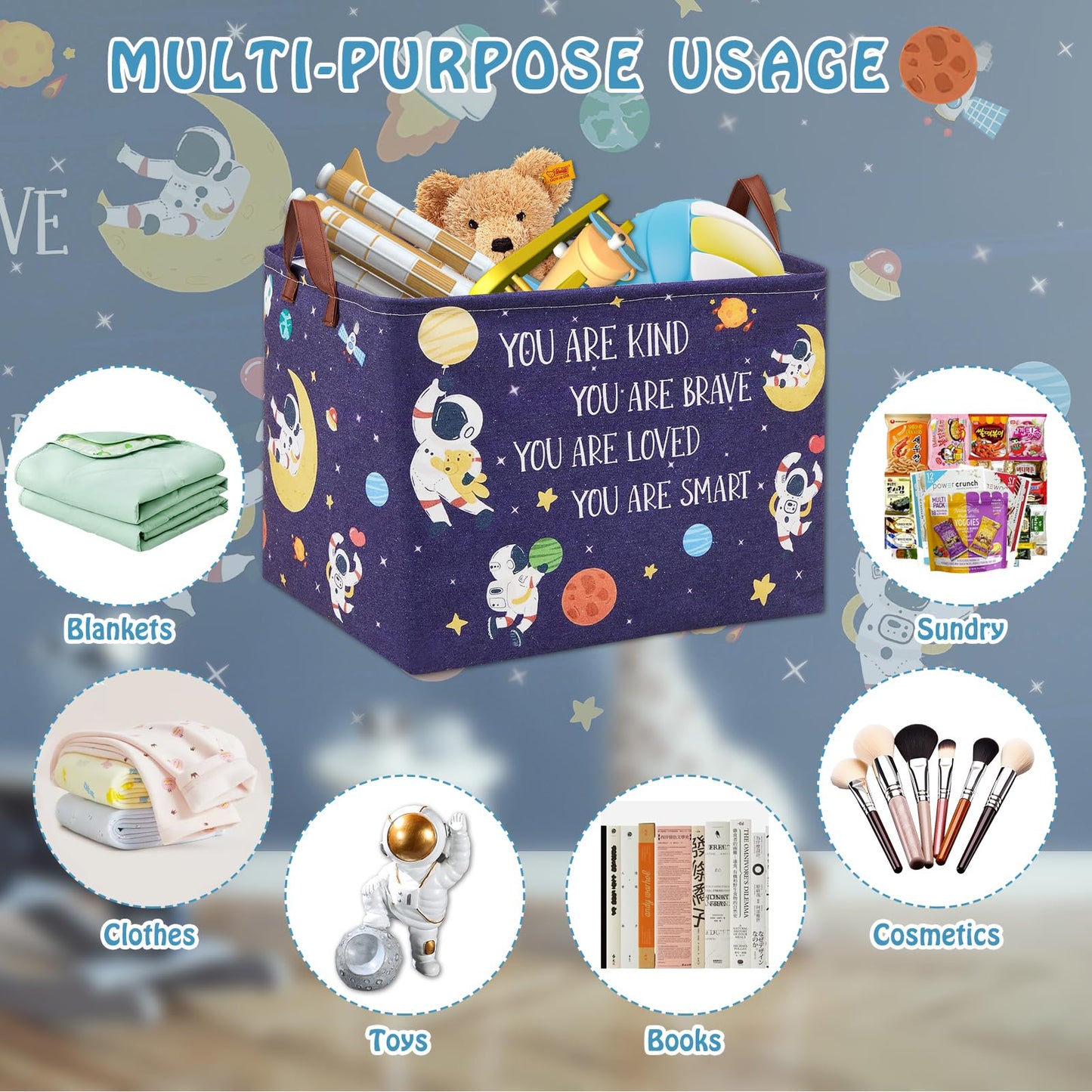 XHWZOF Space Room Decor Kid Storage Box,Boys Astronaut Planets Stars Organizer Toy Box Bin, Galaxy Spaceman Outer Space Blue Laundry Hamper for Baby Bedroom Classroom Nursery