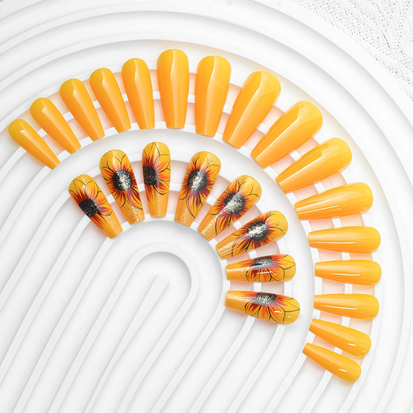 Glitter Yellow Flower Press on Nails Medium Coffin Fake Nails Flower False Nails with Sunflower Designs Glossy Stick on Artificial Nails Spring Summer Acrylic Nail Decorations for Women 24 pcs