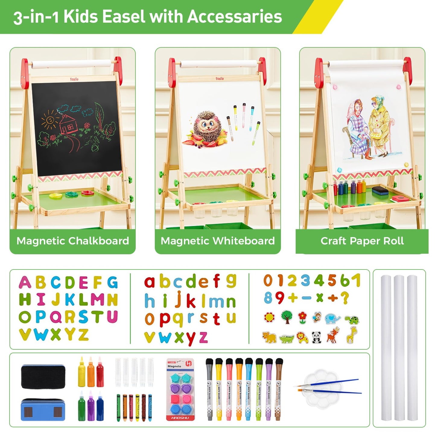 FUNLIO Anti-Warping Kids Art Easel, 3 Height Adjustable for Kids Aged 2-8, All-in-One Toddler Easel with Paper Roll & Erasable Frame, Standing Easel with Magnetic Chalkboard/Whiteboard (Green)