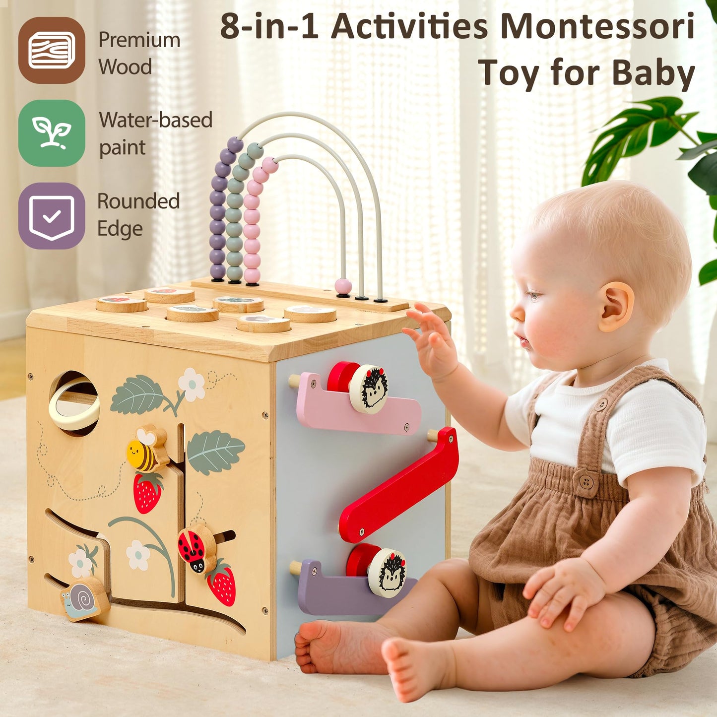 Pillowhale 8-in-1 Wooden Activity Cube for Toddlers 1–3, Montessori Learning Toy with Bead Maze, Shape Sorter, Sliding Tracks & Clock, Educational Play Cube for Baby 12M+