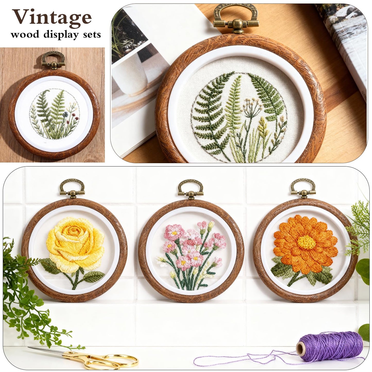 16 Pcs 3 Inch Round Embroidery Hoop, Circle Rubber Decorative Embroidery Hoop Frames for Display, Imitated Wood Cross Stitch Ornament for Christmas Craft Sewing DIY Hanging Gifts