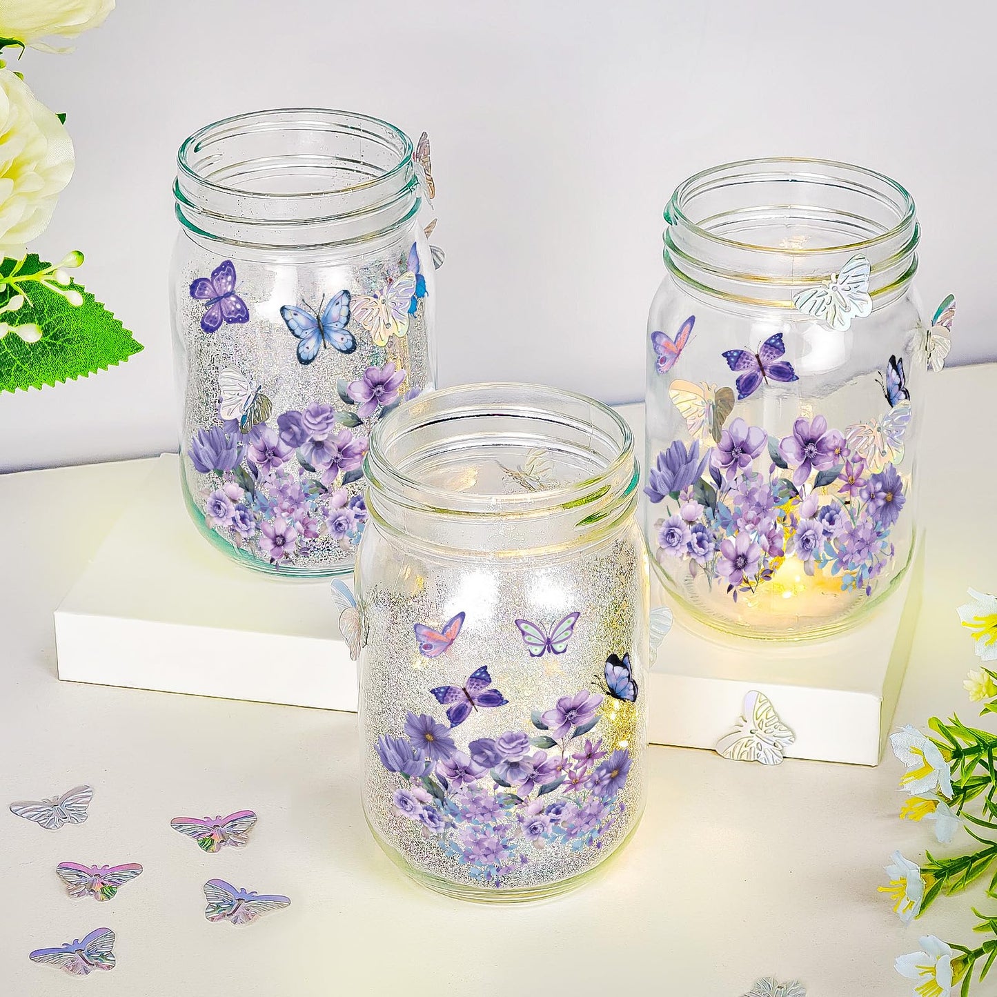 Cinrobiye 6 Set DIY Mason Jar Lantern Craft Kit with LED Lights, Butterfly & Flower Decorations, Handmade Table Centerpiece Decor for Home Party Wedding Craft Lovers