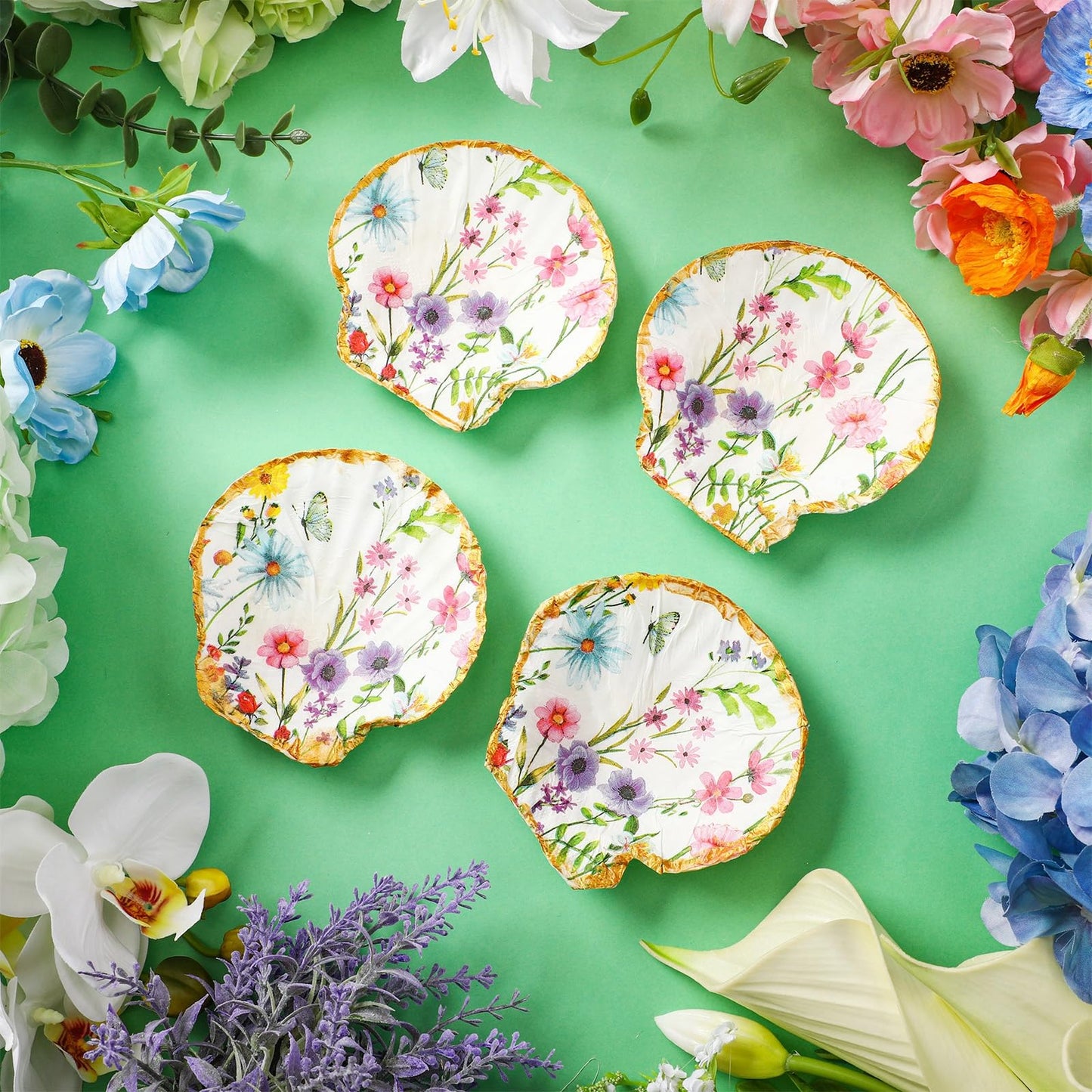 Gilprop 12 Pcs Large Scallop Shells for Shells Crafts 4''-5''with 24 Pcs Spring Wildflowers Decoupage Paper Napkin Acrylic Paint Strips Brushes Gold Bead for DIY Ornament Jewelry Tray