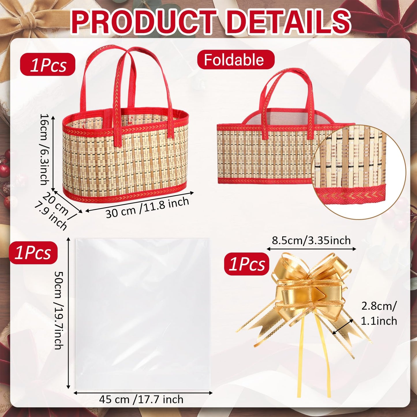 Reallnaive 1 Set Empty Gift Baskets to Fill, Elegant Bamboo Woven Basket with Handle, Includes Cellophane Wrap Bag and Pull Bows, Foldable DIY Gift Basket Kit for Baby Shower, Raffle, Gifts