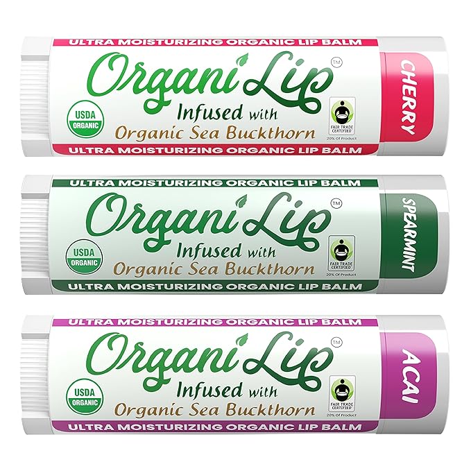 OrganiLip Organic Lip Balm, Variety3 Pack (Spearmint, Cherry, Acai), Ultra Hydrating Lip Moisturizer for Dry Lips, USDA Certified Organic,