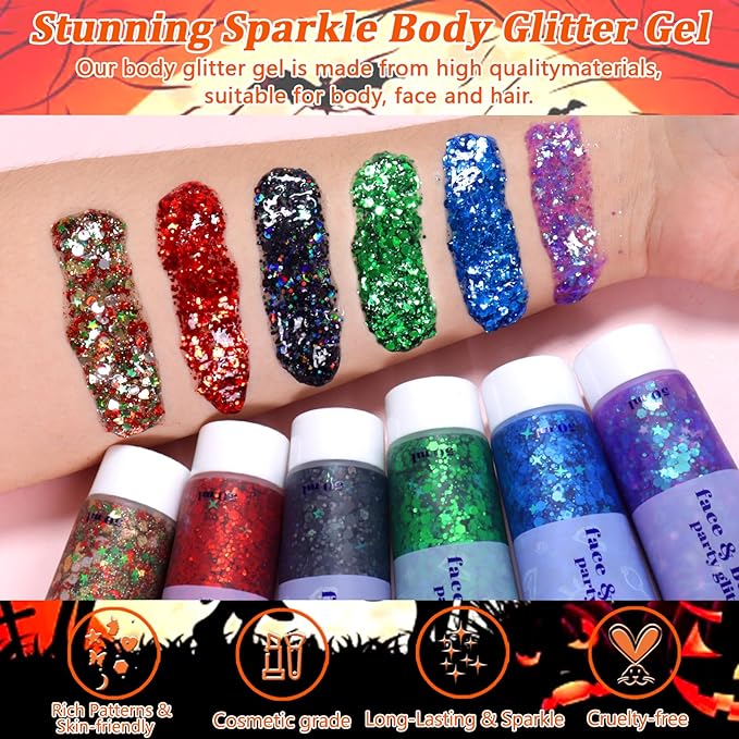 Boko 50ML Body Glitter Gel, Black Halloween Chunky Glitter Gel for Face Hair Body Sparkle Makeup, Witch Clown Glitter Mermaid Face Sequins for Halloween Concert Party Event Rave Accessories