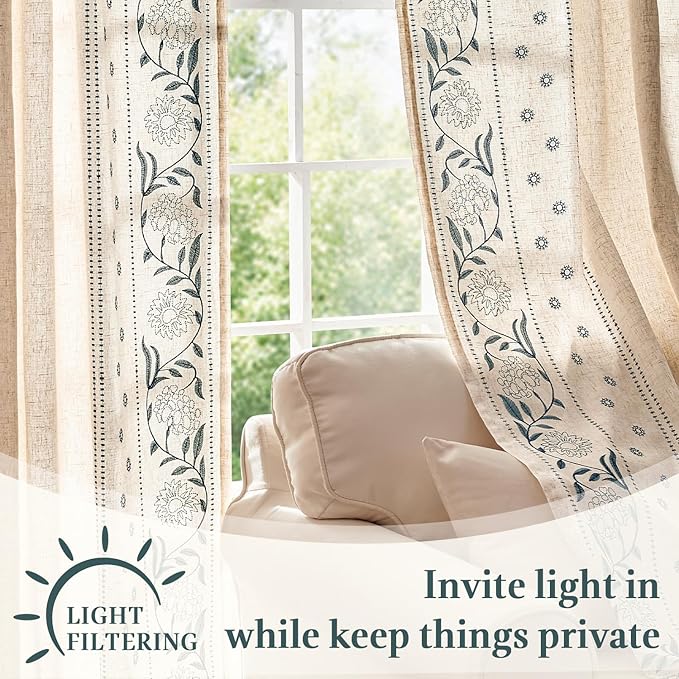jinchan Winslow Lined Linen Curtains for Bedroom 63 Inches Linen Blended Embroidered Bordered Floral Curtains for Living Room Farmhouse Decor Window Treatments Blue on Beige Drapes 2 Panels