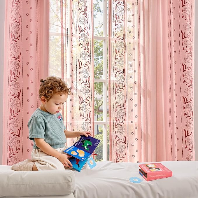 jinchan Winslow Sheer Curtains 63 Inch Length for Dorm Bedroom Bordered Floral Pattern Decorations Short Curtains Light Filtering Window Treatments, 50W x 63L, 2 Panels