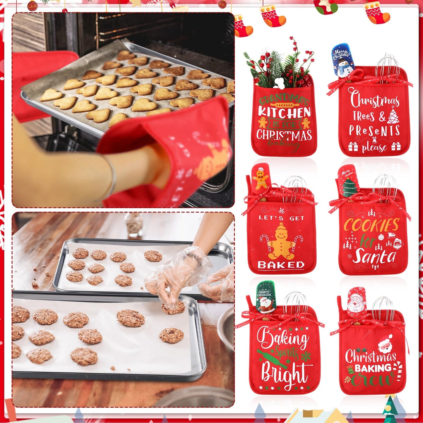 Kritkin 30 Pcs Christmas Kitchen Gift Set Christmas Silicone Spatulas Pot Holders Xmas Cooking Baking Supplies Gift with Pocket Baking Sheet Whisk Spatula for Xmas Party Decor(Retro Style)