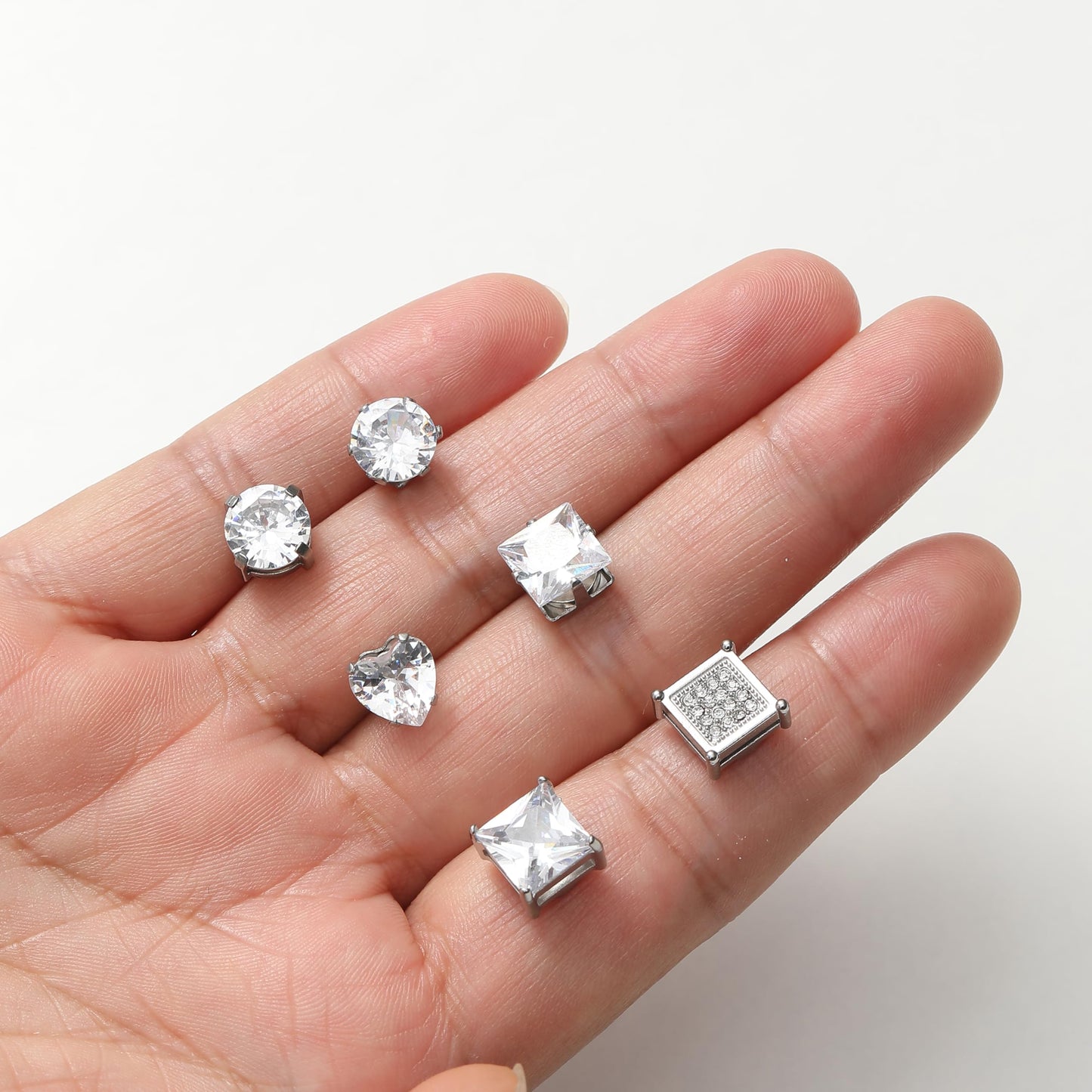 Ofeiyaa Magnetic Stud Earrings Stainless Steel Non-piercing CZ Heart Round Square Triangle Halo Earrings for Men Women Fake Clip on Stud Earring Jewelry Set for Sensitive Ears Silver Tone 6MM 8MM