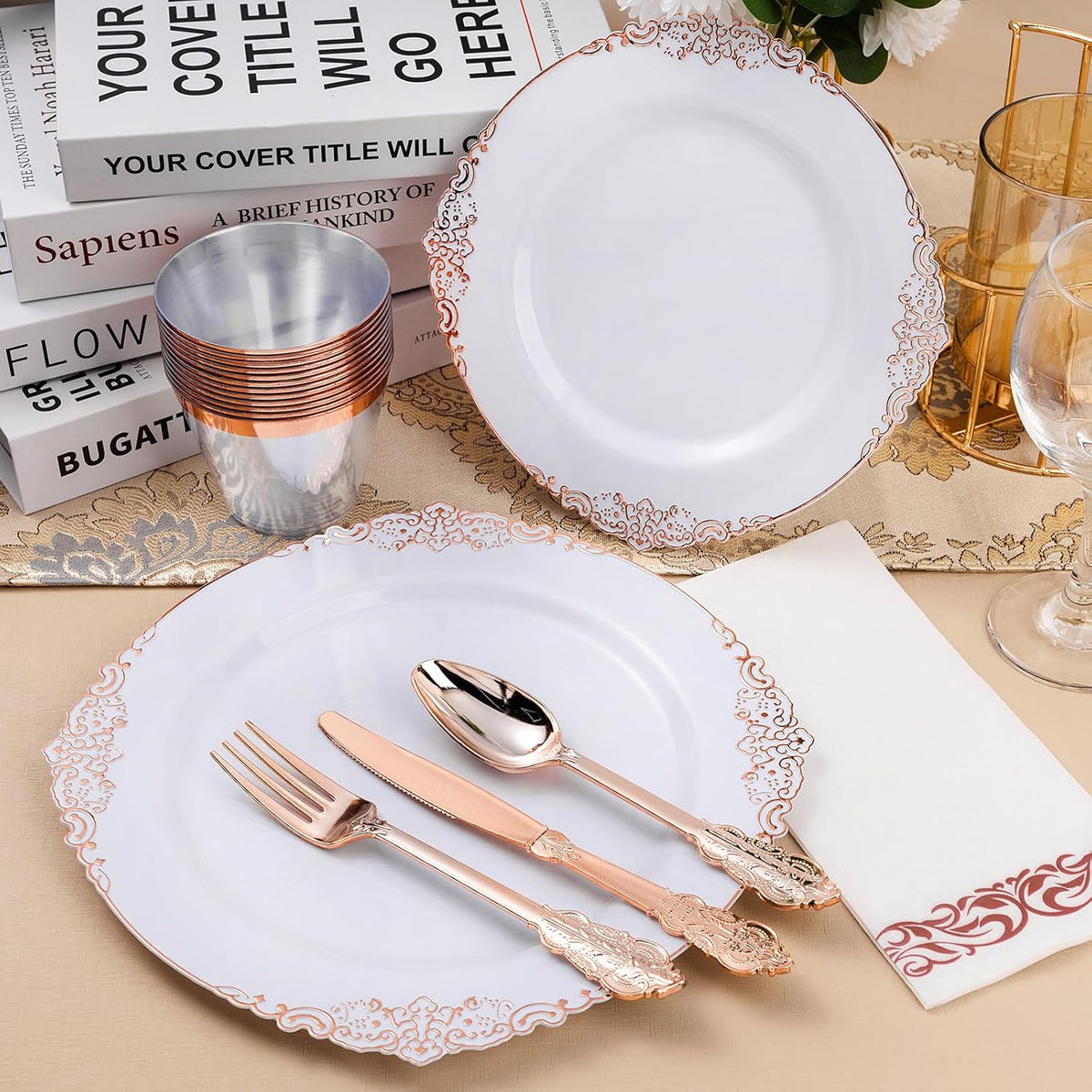 350PCS Rose Gold Plastic Plates for 50 Guests, Disposable Dinnerware Set Includes 100 Disposable Plates, 150 Rose Silverware, 50 Cups, 50 Napkins for Party, Wedding