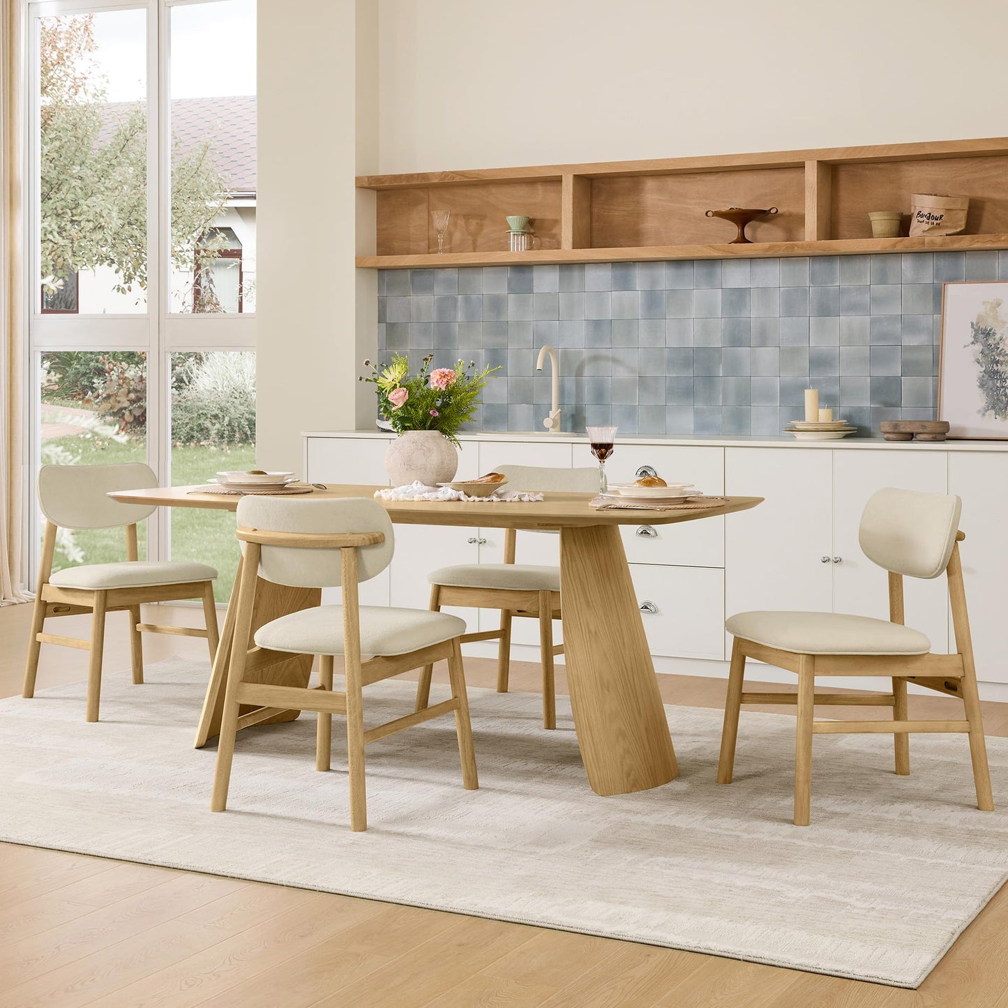 CHITA 71" Modern Dining Table for 6, Rectangle Wood Kitchen & Dining Room Table, Solid Rubberwood Frame, Bentwood Legs, Oak Venner