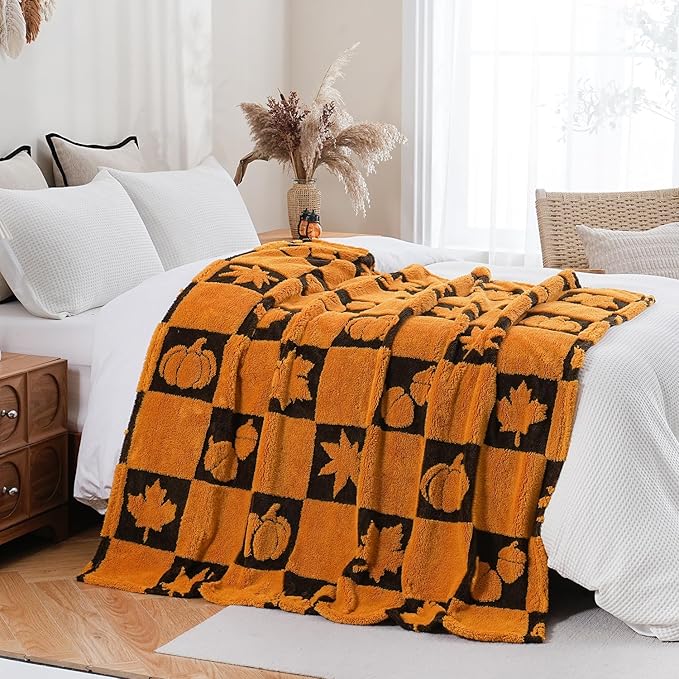 SOCHOW Fall Decor Jacquard Throw Blanket, Fuzzy Soft Warm Pumpkin Maple Leaves Plaid Autumn Checkered Blanket for Couch, Sofa and Bed, 50 x 60 Inches, Orange/Black
