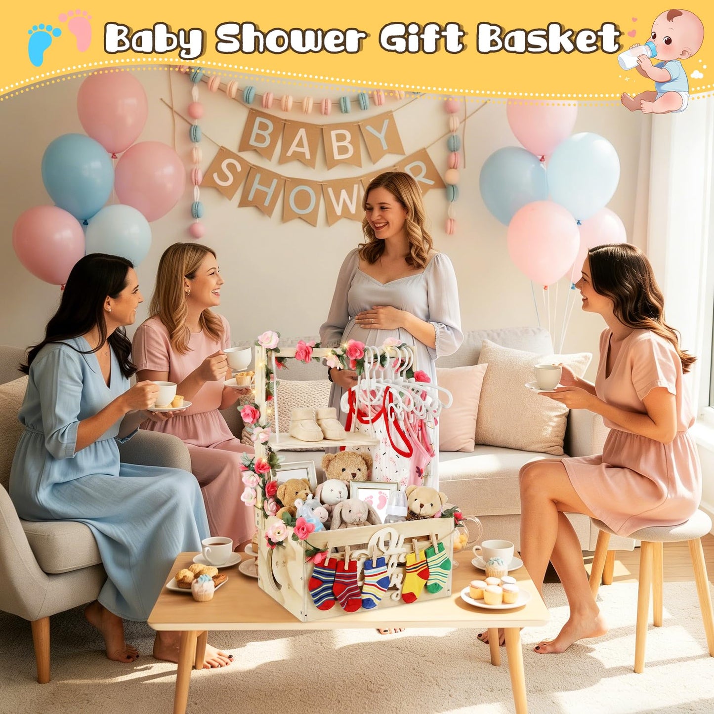 Wooden Baby Shower Crate Closet, Personalized Baby Gift Basket with Adjustable Handle, Include String Lights, Garland, 6 Hangers & 6 Clips - Unique Newborn Gift for Boys & Girls, Baptism,Birthday