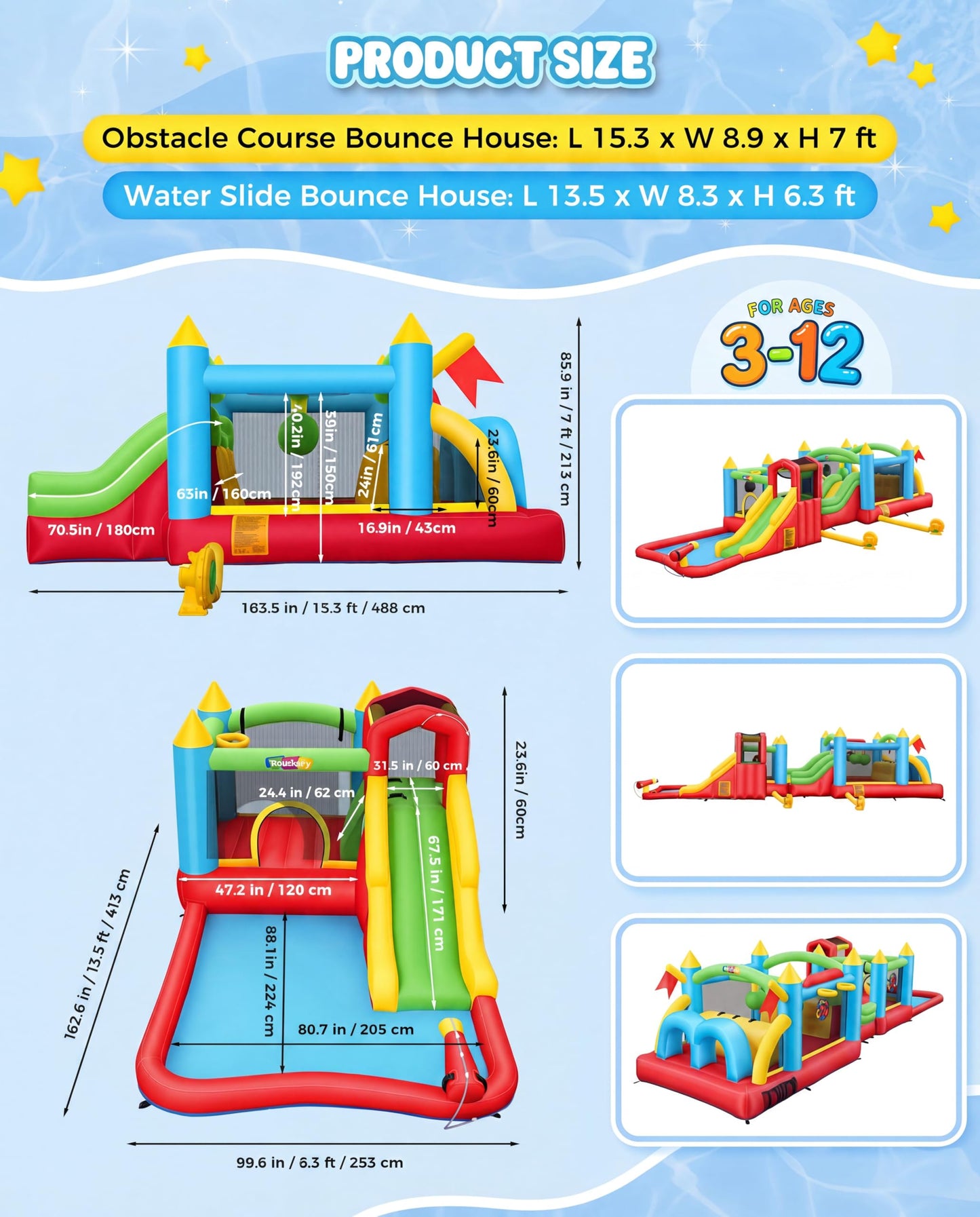 Giant 29FT Wate Slide Bounce House Detachable (15.3+13.5FT) Combo, Obstacle Course & Waterslide, Tunnel/Jumping Area/Spalish Pool, Bouncy Castle for Summer Fun, Inflatable Water Park Holds 10 Kids