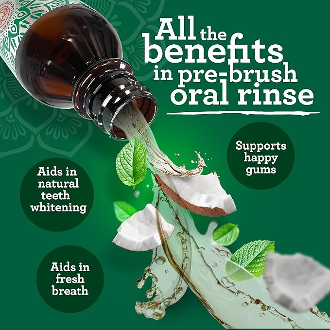 GuruNanda Starter Pulling Oil Mouthwash for Natural Teeth Whitening, Coconut and Peppermint Oil for Fresh Breath & Happy Gums, with Tongue Scraper, Alcohol-Free, 2X8 Oz