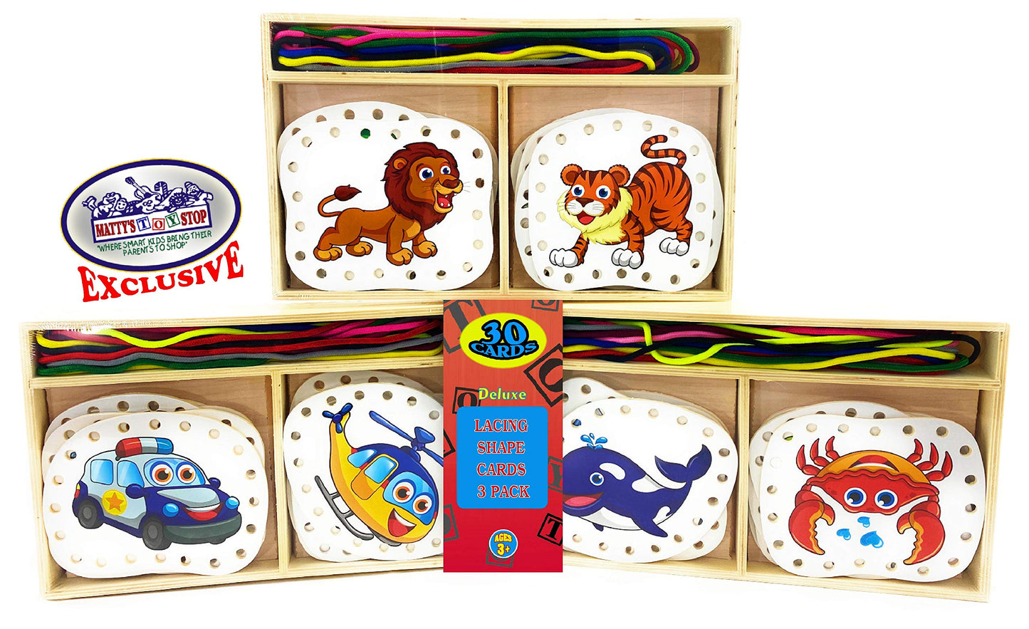 Matty's Toy Stop Deluxe Lacing Shapes (10 Count) Vehicles, Fish & Jungle Animals Educational Gift Set Bundle - 3 Pack (30 Shapes Total)