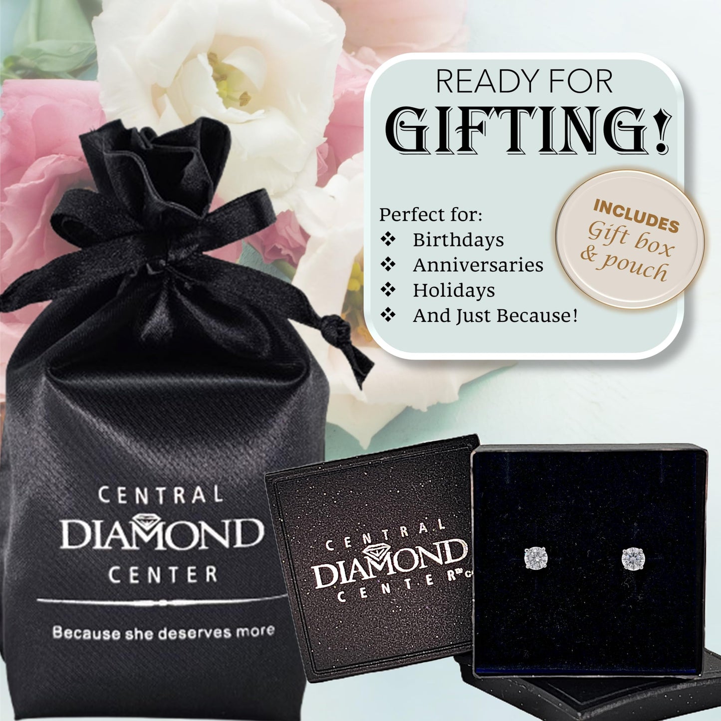 Central Diamond Center 14K Solid Gold Post & Sterling Silver Made with Swarovski 4 Prong CZ Stud Earrings - Platinum Plated - 4.0mm - 0.50cttw