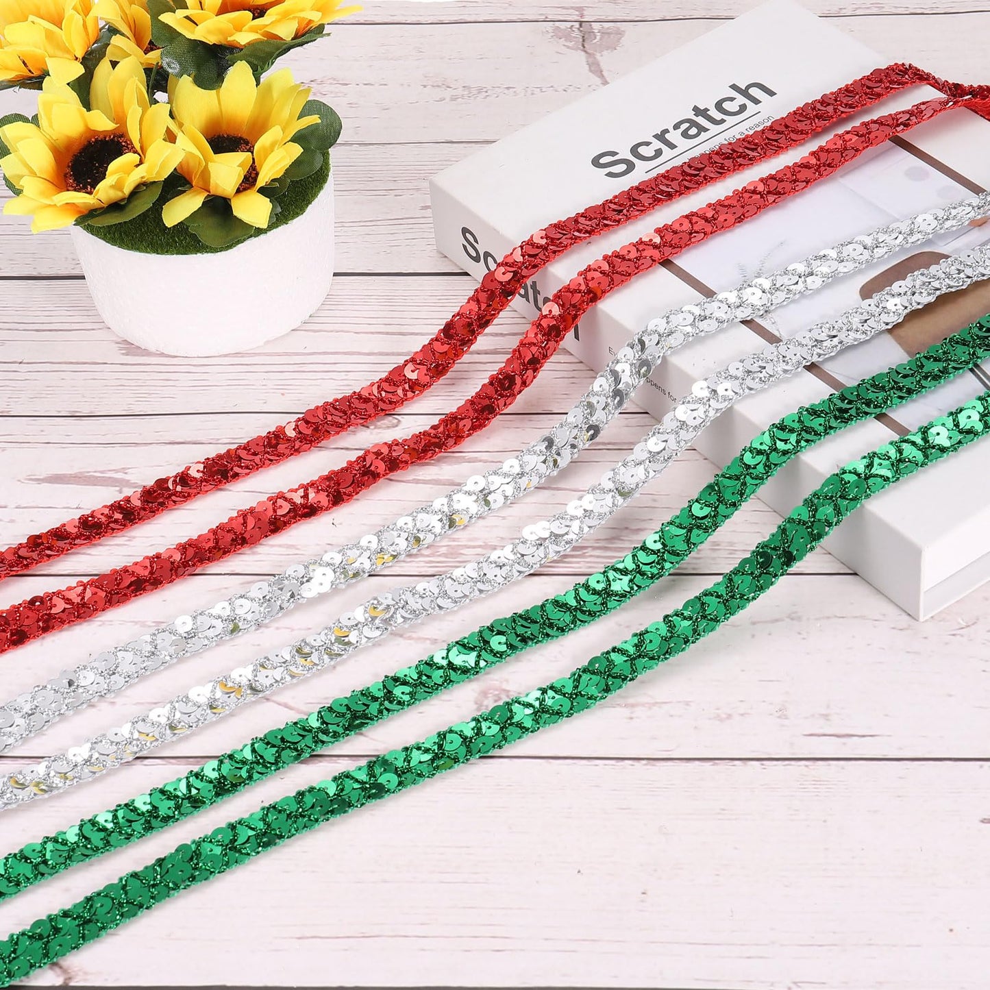 MECCANIXITY 14 Yard Sequins Beaded Lace Trim 2 Row 0.6 Inch Sequin Braid Trim Strip Paillette Sequins Ribbon Trim for Crafts, Embellishments, DIY Sewing Costume Silver