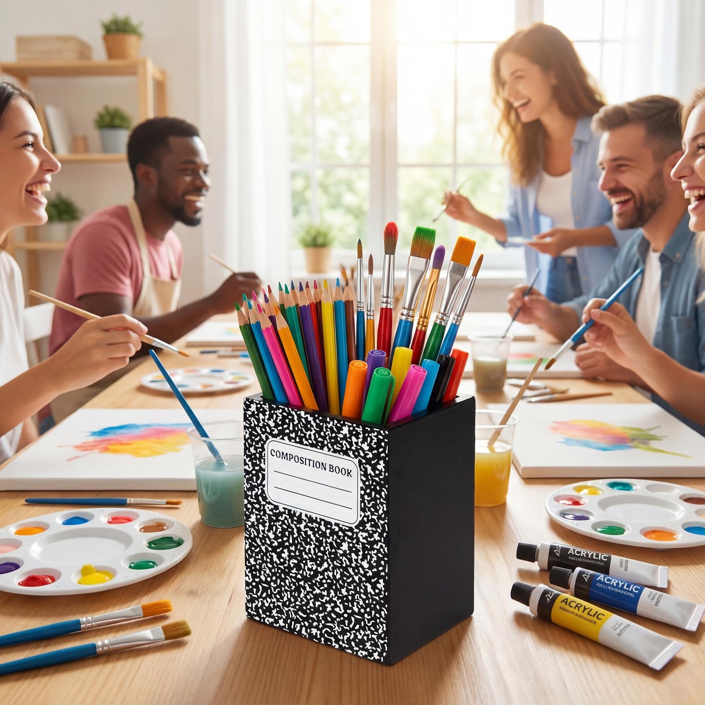 MALLMALL6 Composition Pencil Holder - Teacher Appreciation Gift Wooden Pen Holder, Back to School Square Shape Caddy Case for Teacher Student, Desktop Storage Organizer for Classroom Office Decor