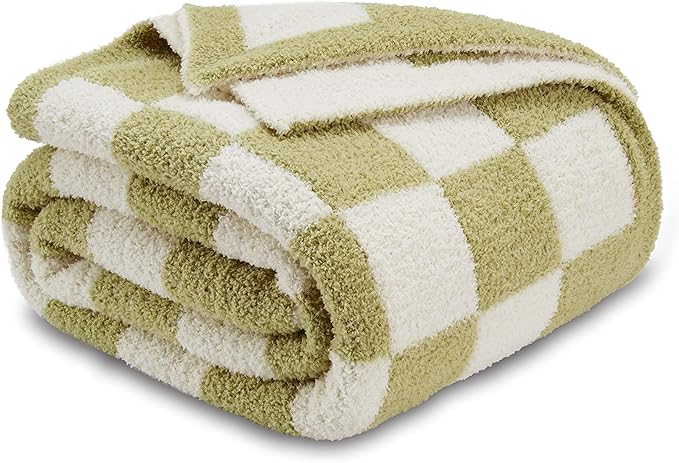 CozeCube Checkered Blanket, Ultra Soft Cozy Sage Green and White Throw Blanket, Warm Cozy Knit Fuzzy Plush Checkerboard Throw for Couch Bed Sofa, 60"x80"