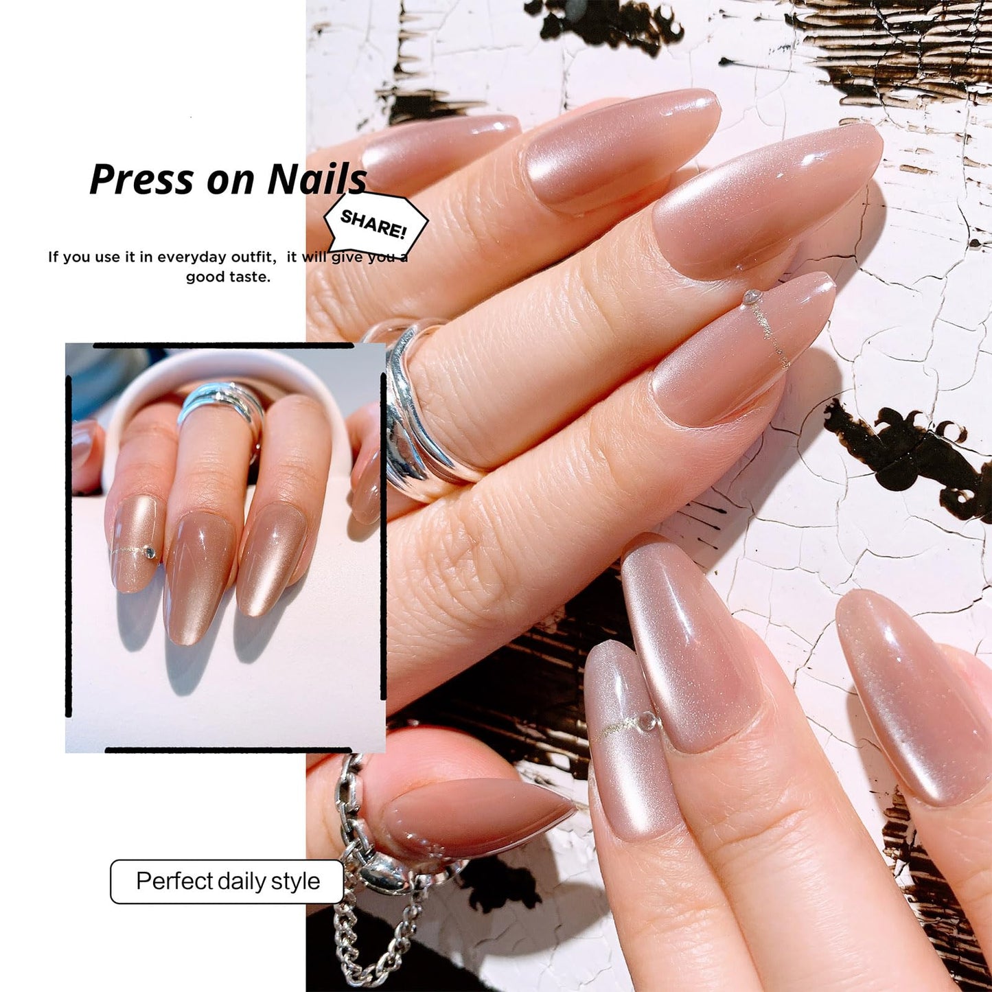Press on Nails Almond Short Fake Nails Reusable Glossy Acrylic Nails Pink with Drill Design Glue on Nails Full Cover Artificial Stick on Nails for Women 24 Pcs