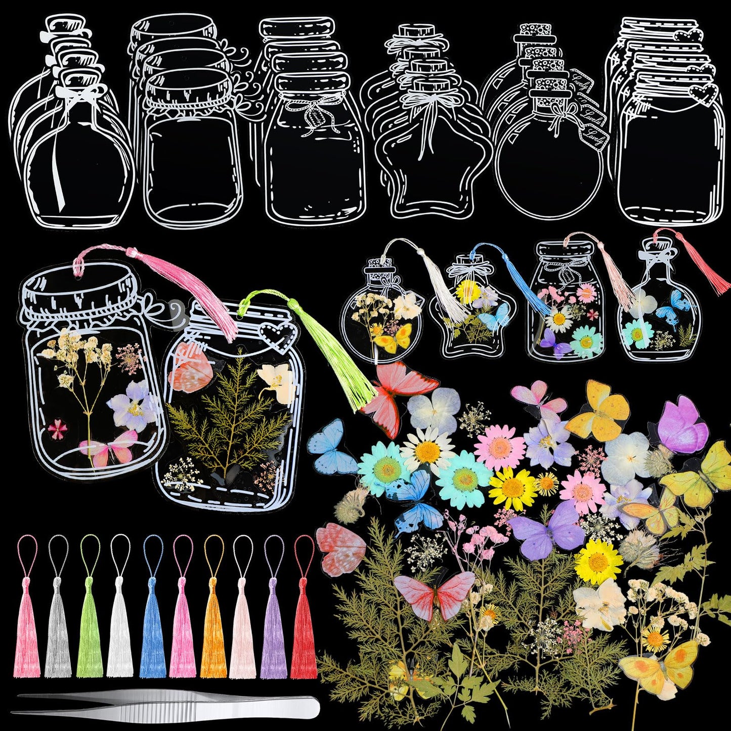 TaoBary 152 Pcs DIY Transparent Dried Flower Bookmark Set Handmade DIY Bookmarks with Dried Pressed Flowers Leaves Butterfly Stickers Colorful Tassels and Tweezers for Reader Writer(Macaron Color)