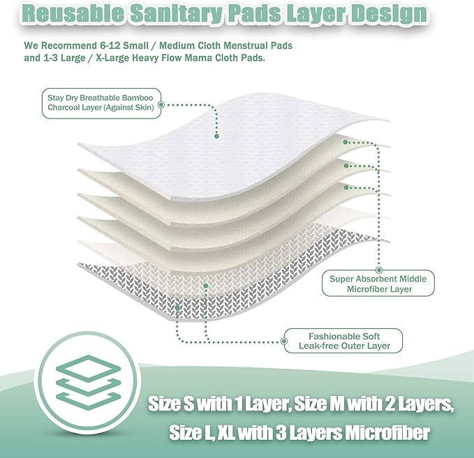 wegreeco Reusable Menstrual Pads - Reusable Sanitary Pads | Reusable Panty Liners | Soft Cloth Menstrual Pads - 6 Pack with 1 Cloth Mini Wet Bag (Medium, Luxury)