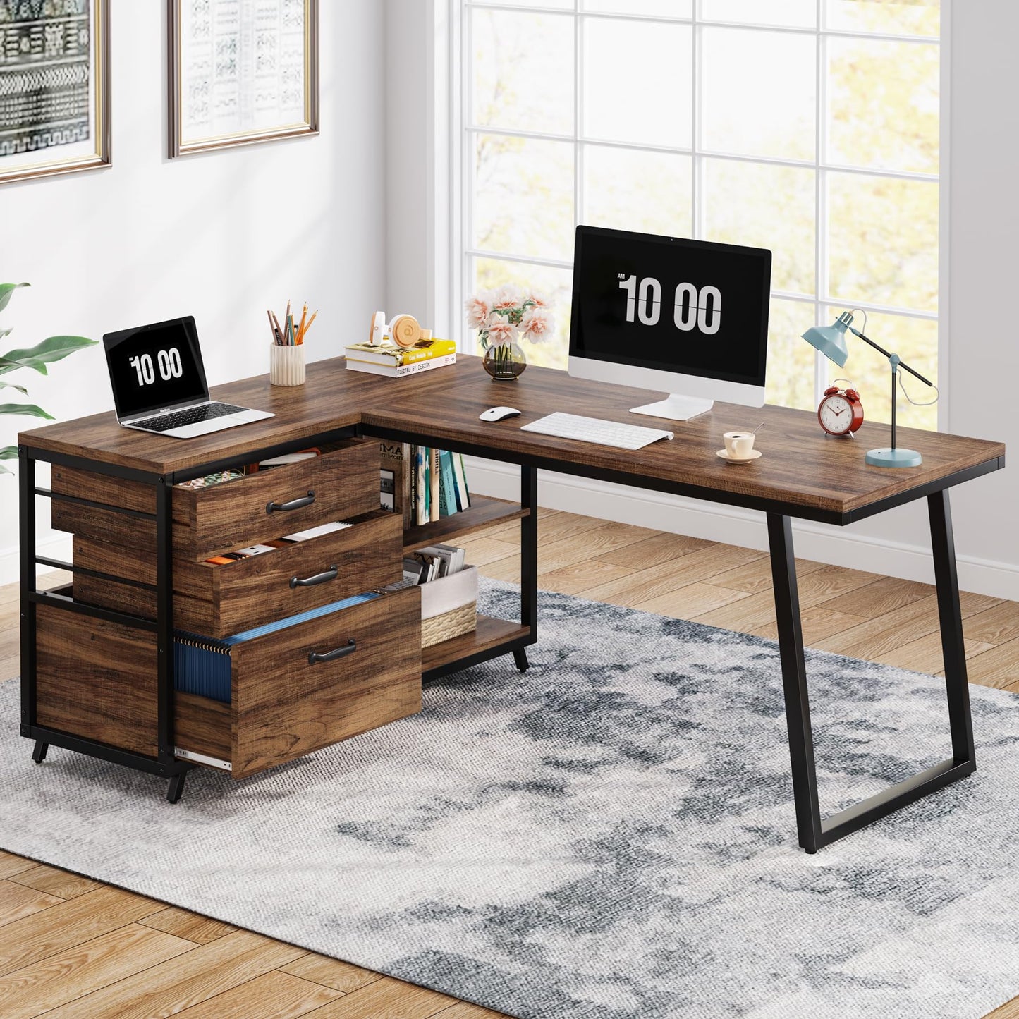 Tribesigns L-Shaped Computer Desk with 3 Drawers, Reversible Corner Home Office Desk with Shelves, 53-Inch Industrial PC Desk Study Writing Table Workstation for Small Space, Rustic Brown
