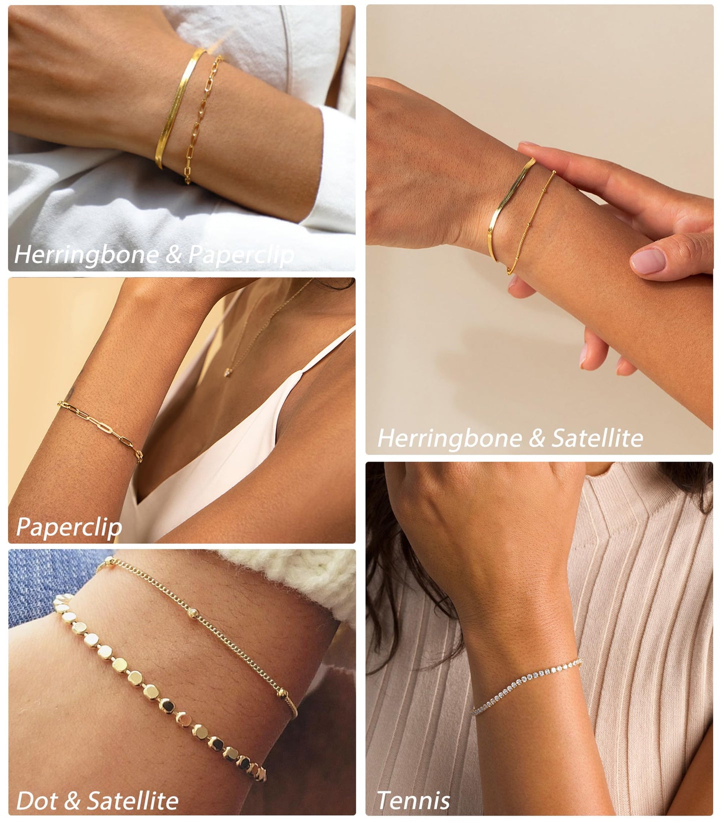 DEARMAY Dainty 14K Gold Plated Bracelets for Women Trendy Waterproof Jewelry Sets Fashion Stackable Rope Box Herringbone Paperclip Chain Link Bracelet Pack Stack Gifts for Womens