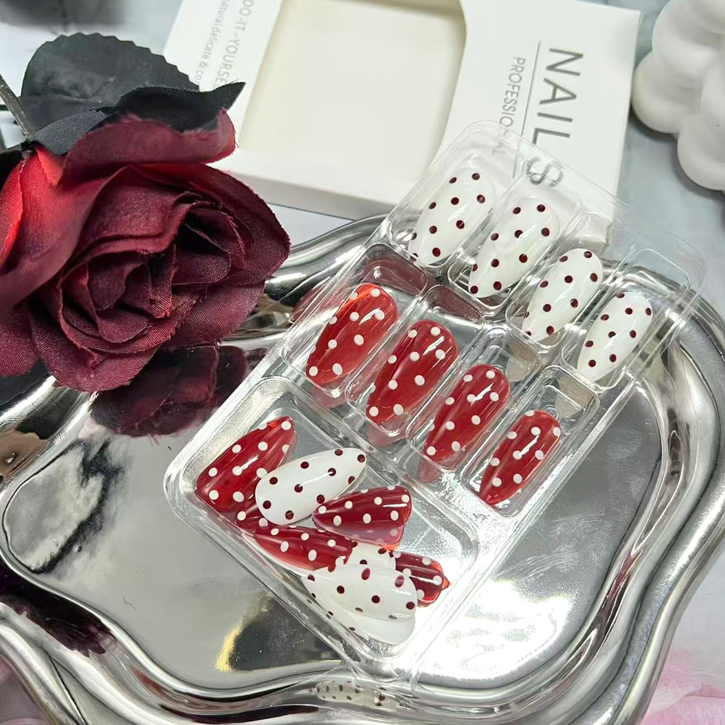 Red White Polka Dots Press on Nails Medium Almond Fake Nails Glossy Full Cover Acrylic Glue on Nail for Women