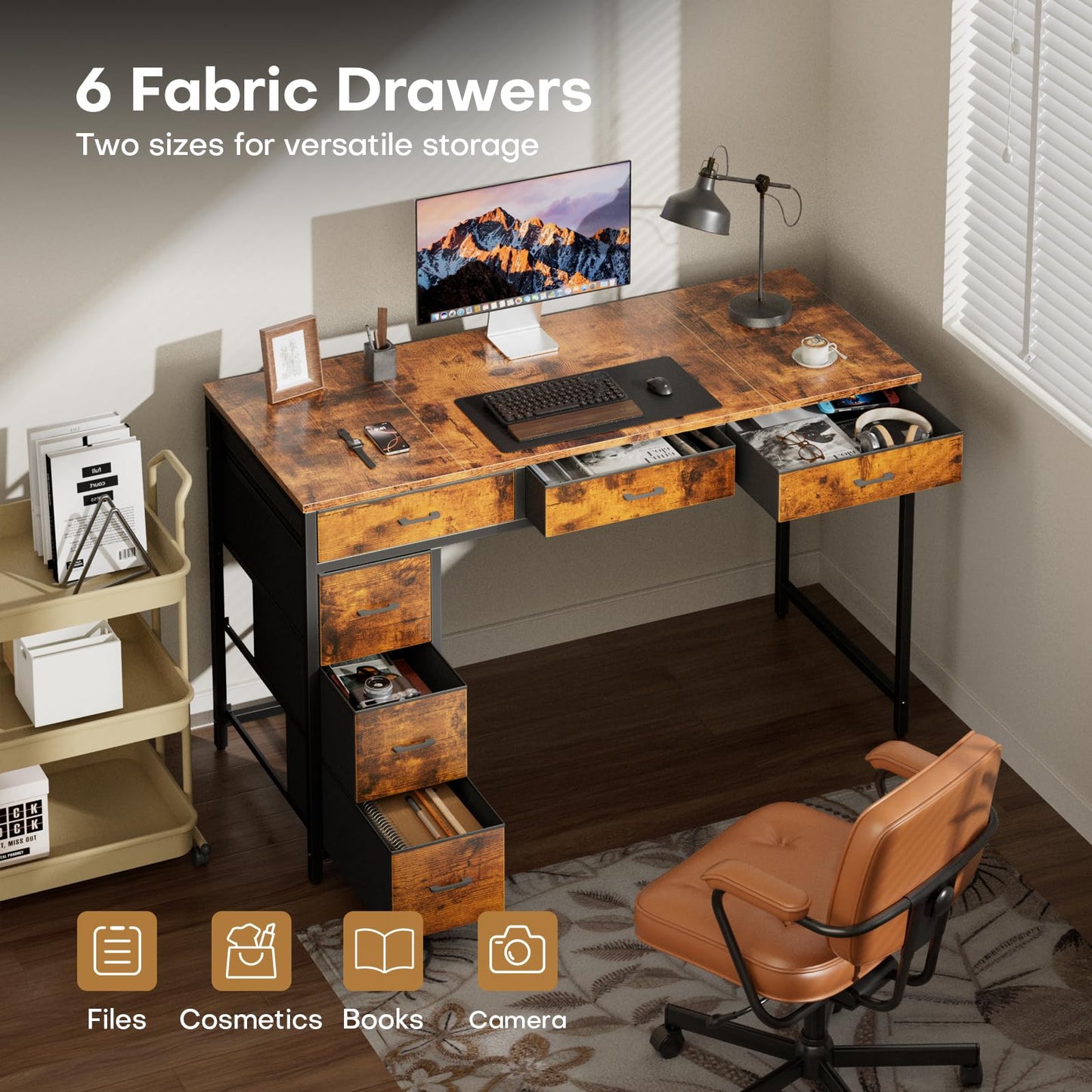HLDIRECT 47" Computer Desk with 6 Drawers, Home Office Desk with Large Storage for Home Office,Gaming,Writing Study,Work (Brown)