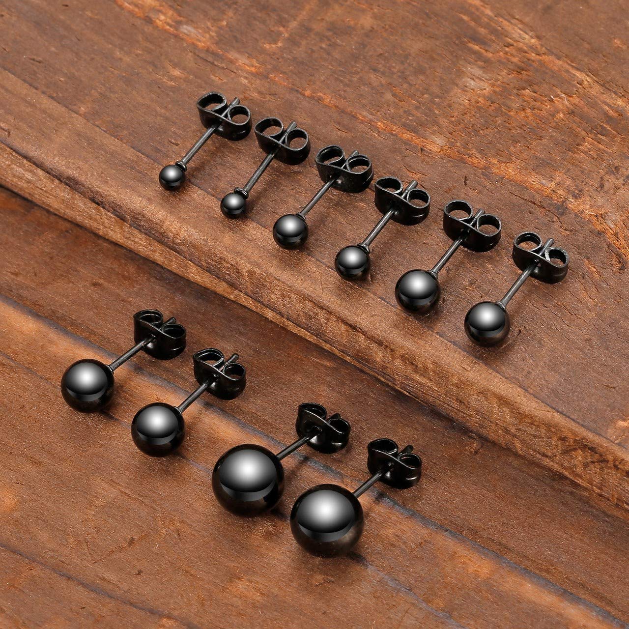 Top Plaza 10Pcs Hypoallergenic Stainless Steel Round Ball Black Earrings for Men Women Studs Earring Set 3mm-8mm(Black)